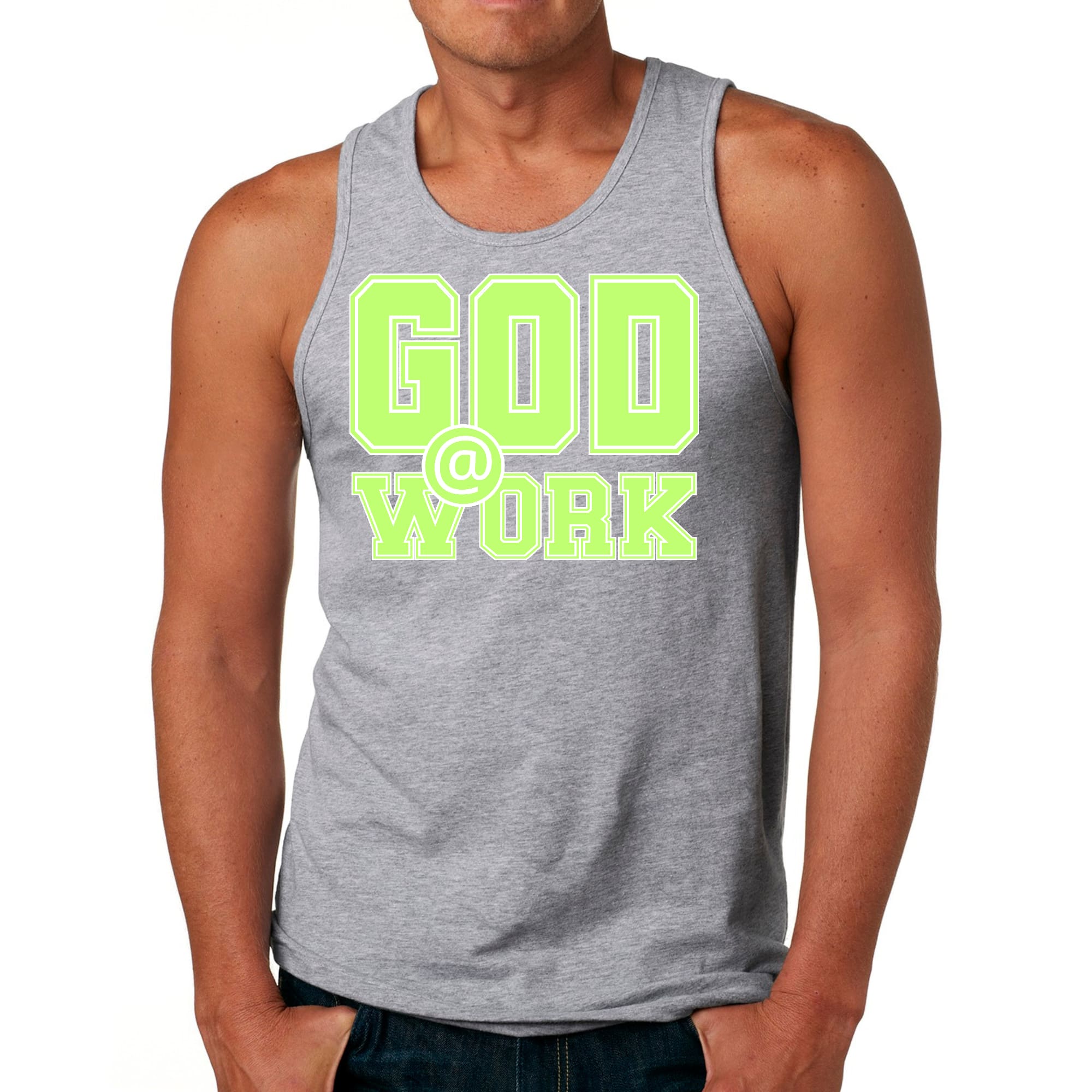 Mens Fitness Tank Top Graphic T-shirt God @ Work Neon Green and White
