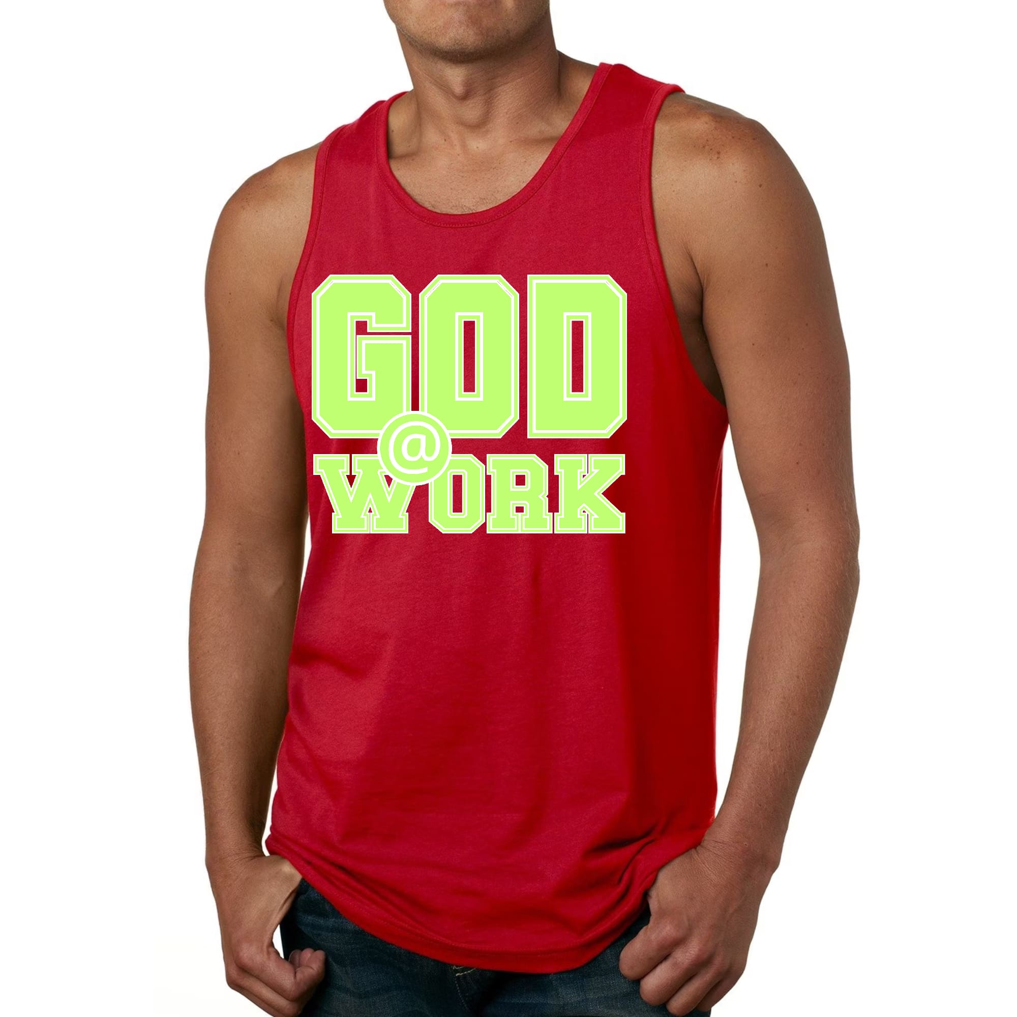 Mens Fitness Tank Top Graphic T-shirt God @ Work Neon Green and White