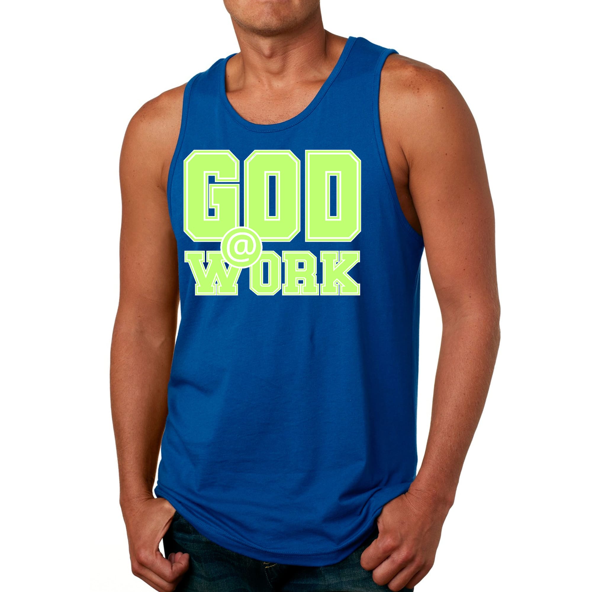 Mens Fitness Tank Top Graphic T-shirt God @ Work Neon Green and White