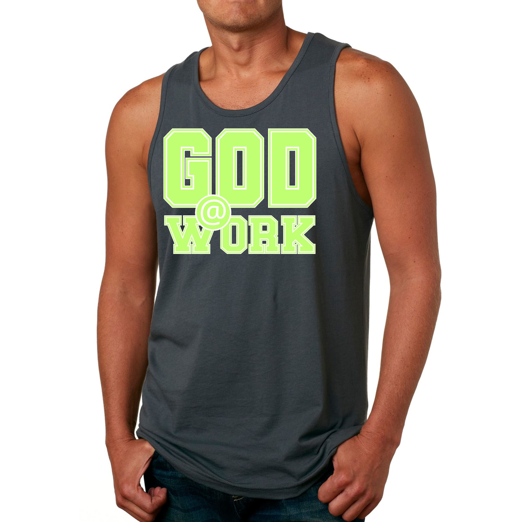 Mens Fitness Tank Top Graphic T-shirt God @ Work Neon Green and White