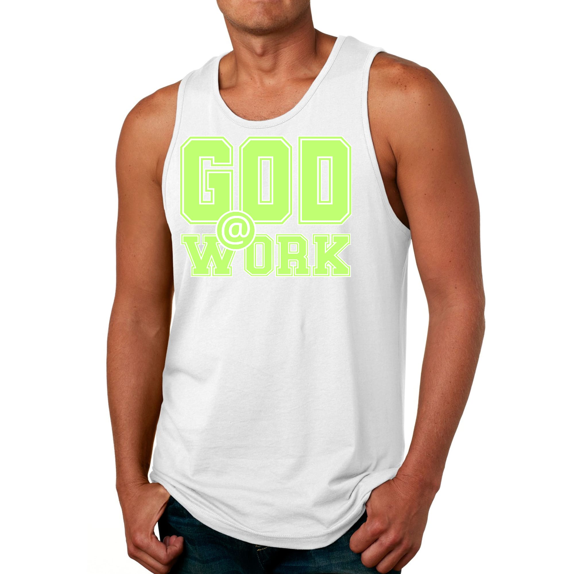 Mens Fitness Tank Top Graphic T-shirt God @ Work Neon Green and White