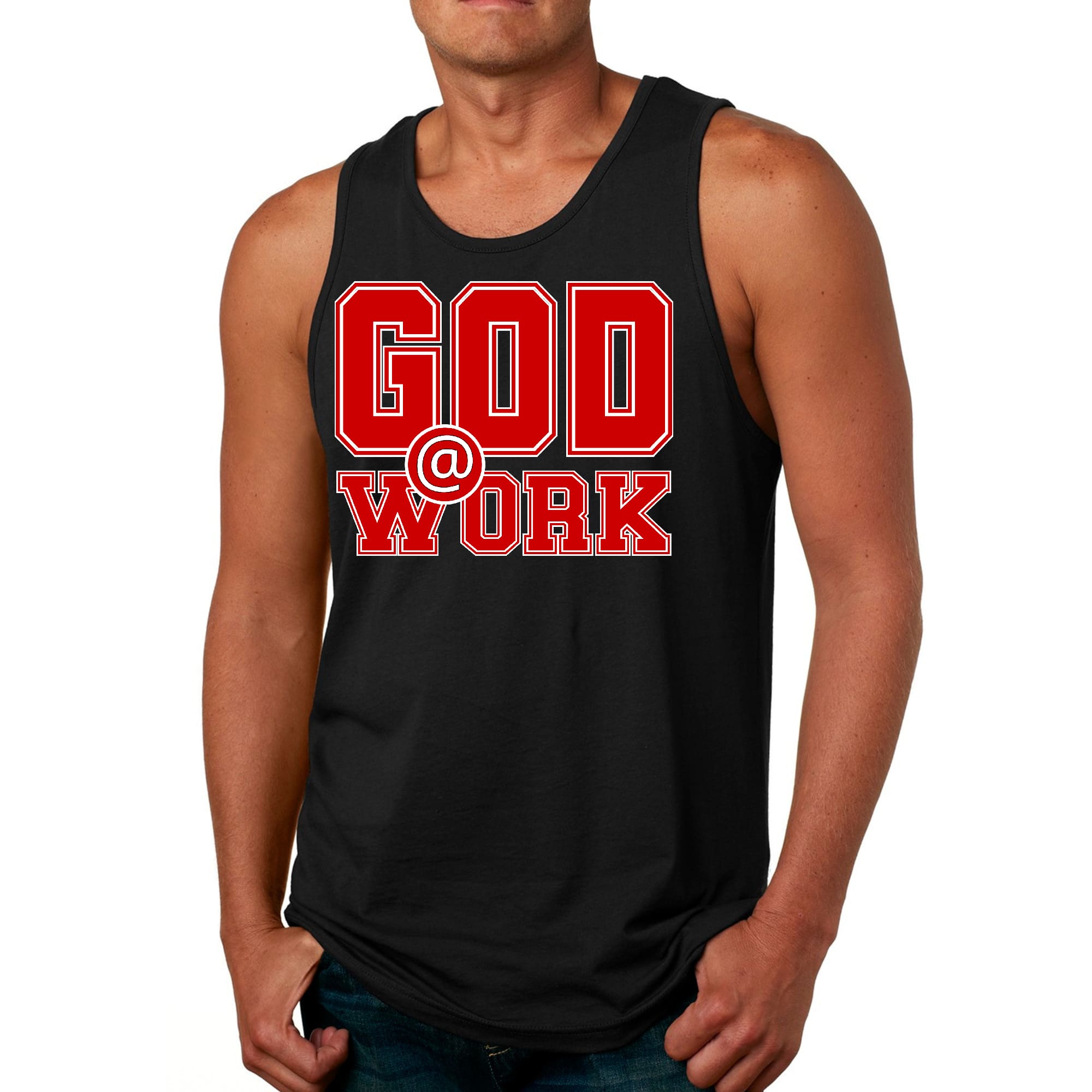 Mens Fitness Tank Top Graphic T-shirt God @ Work Red and White Print