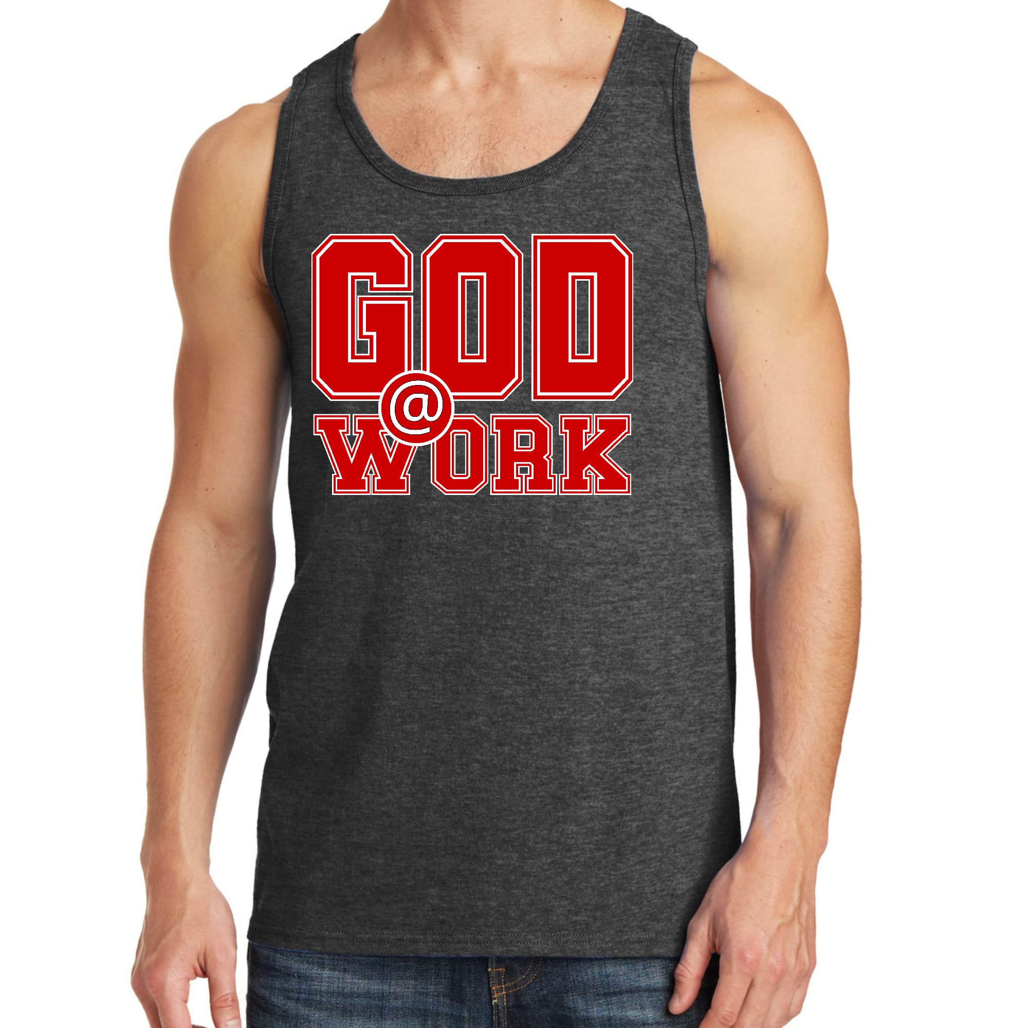 Mens Fitness Tank Top Graphic T-shirt God @ Work Red and White Print