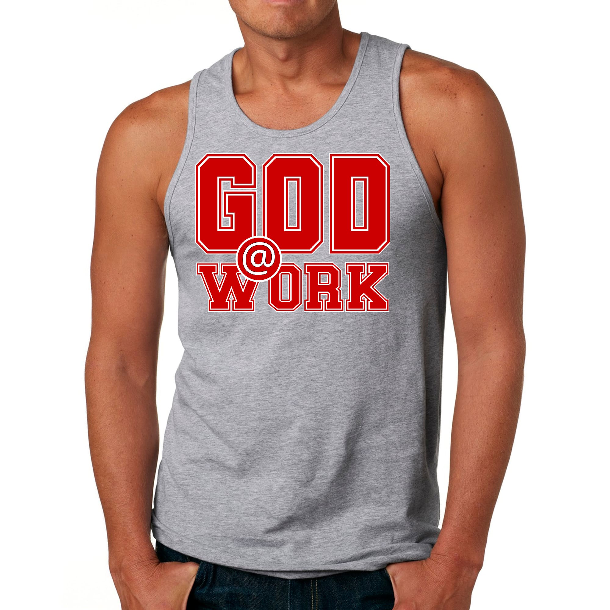 Mens Fitness Tank Top Graphic T-shirt God @ Work Red and White Print