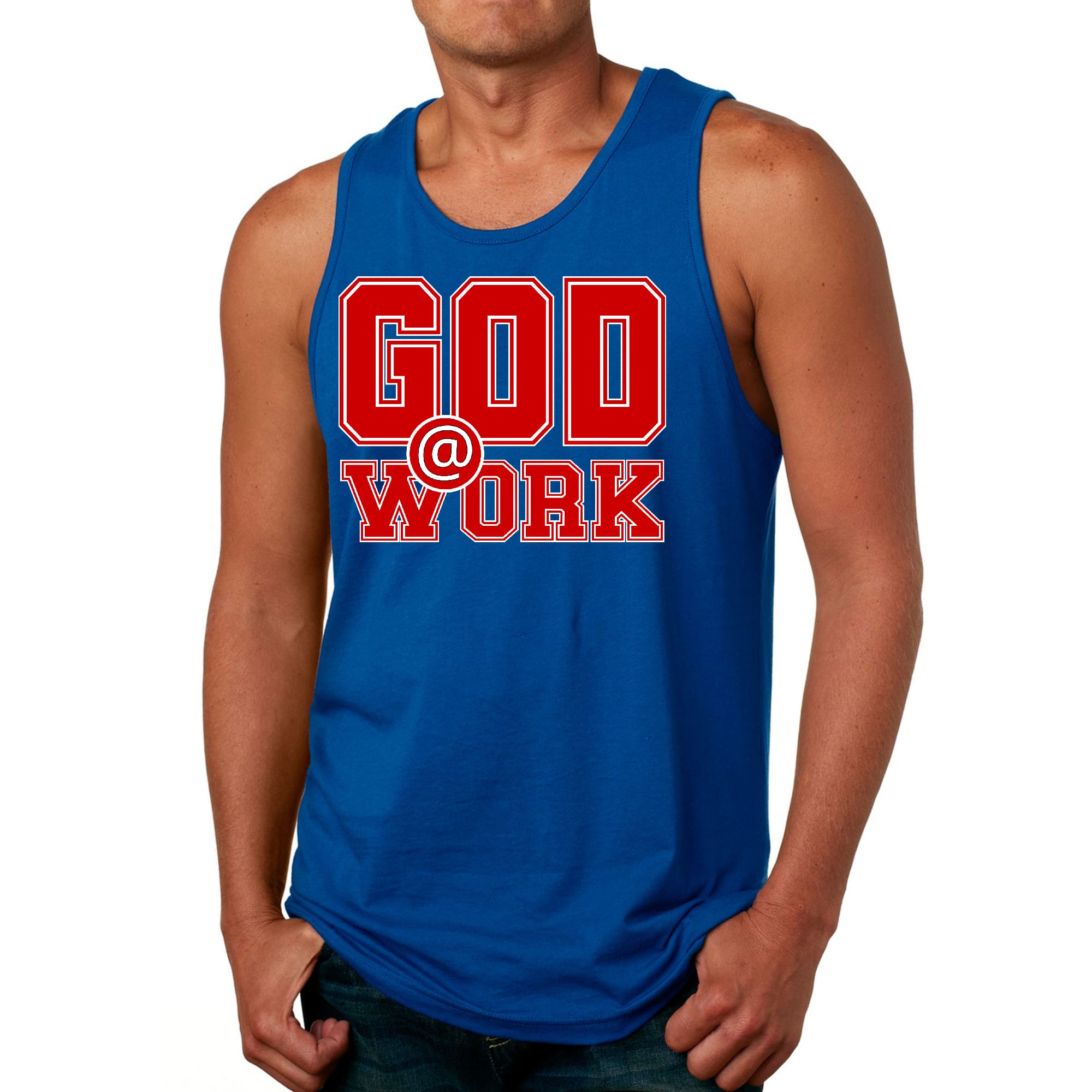 Mens Fitness Tank Top Graphic T-shirt God @ Work Red and White Print