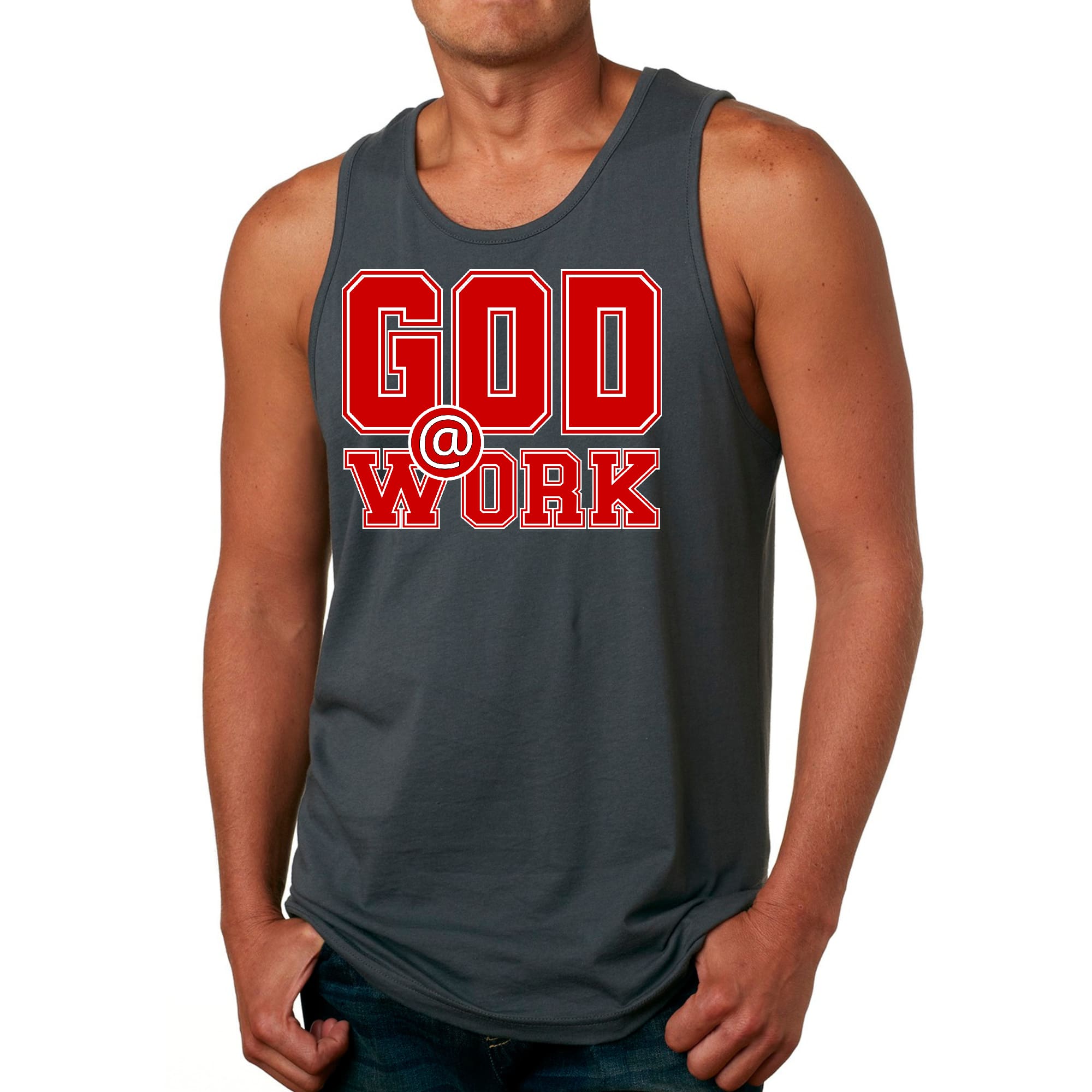 Mens Fitness Tank Top Graphic T-shirt God @ Work Red and White Print