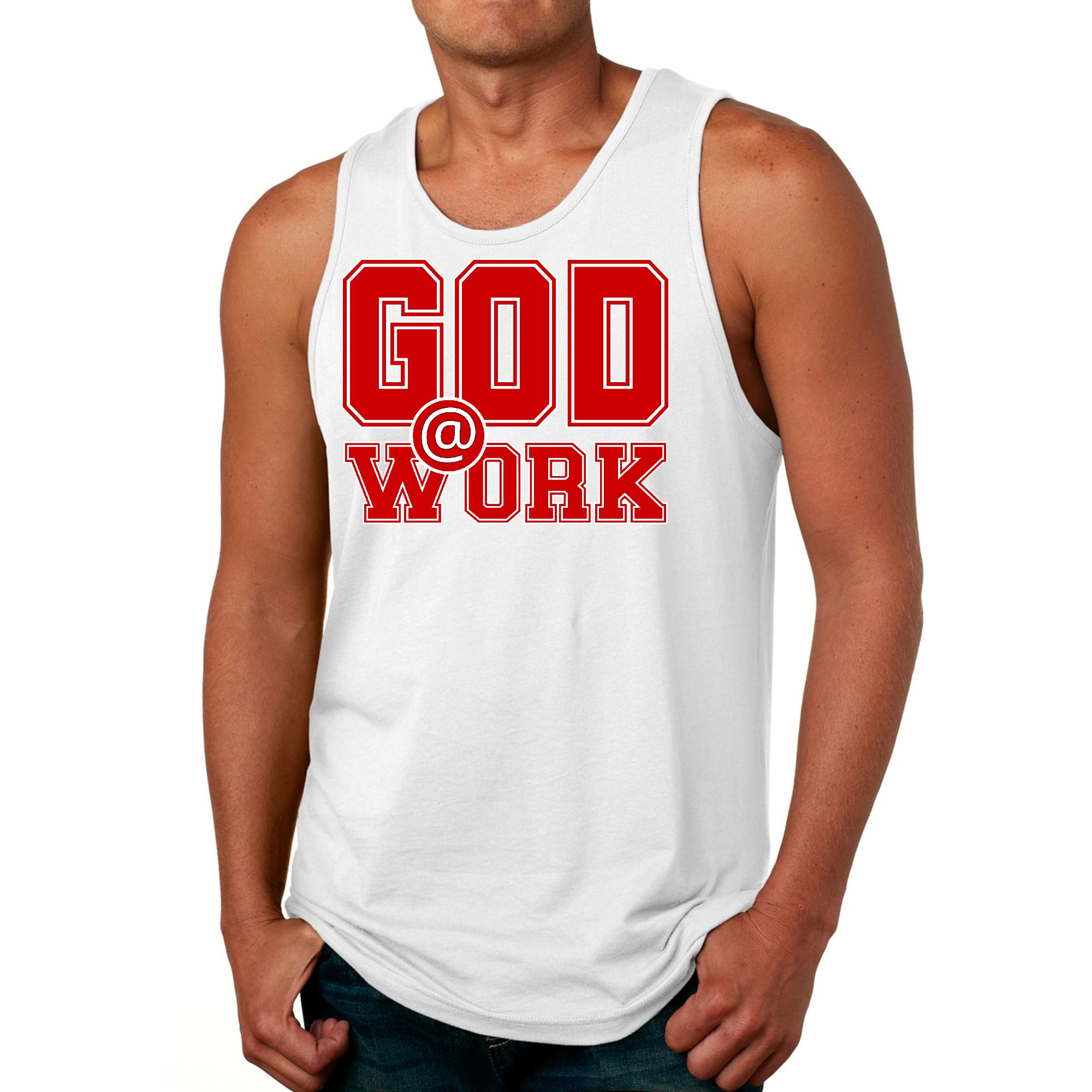 Mens Fitness Tank Top Graphic T-shirt God @ Work Red and White Print