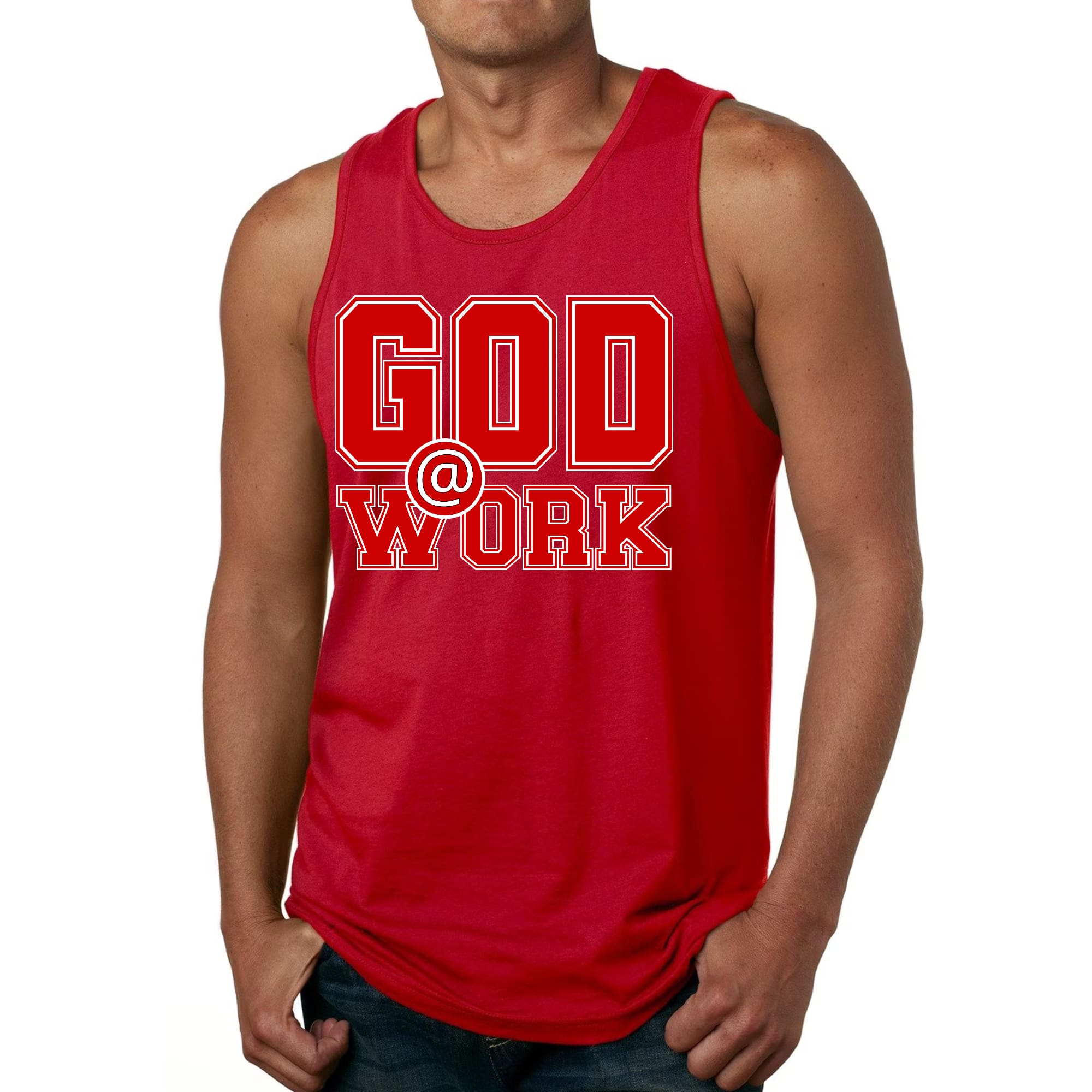 Mens Fitness Tank Top Graphic T-shirt God @ Work Red and White Print