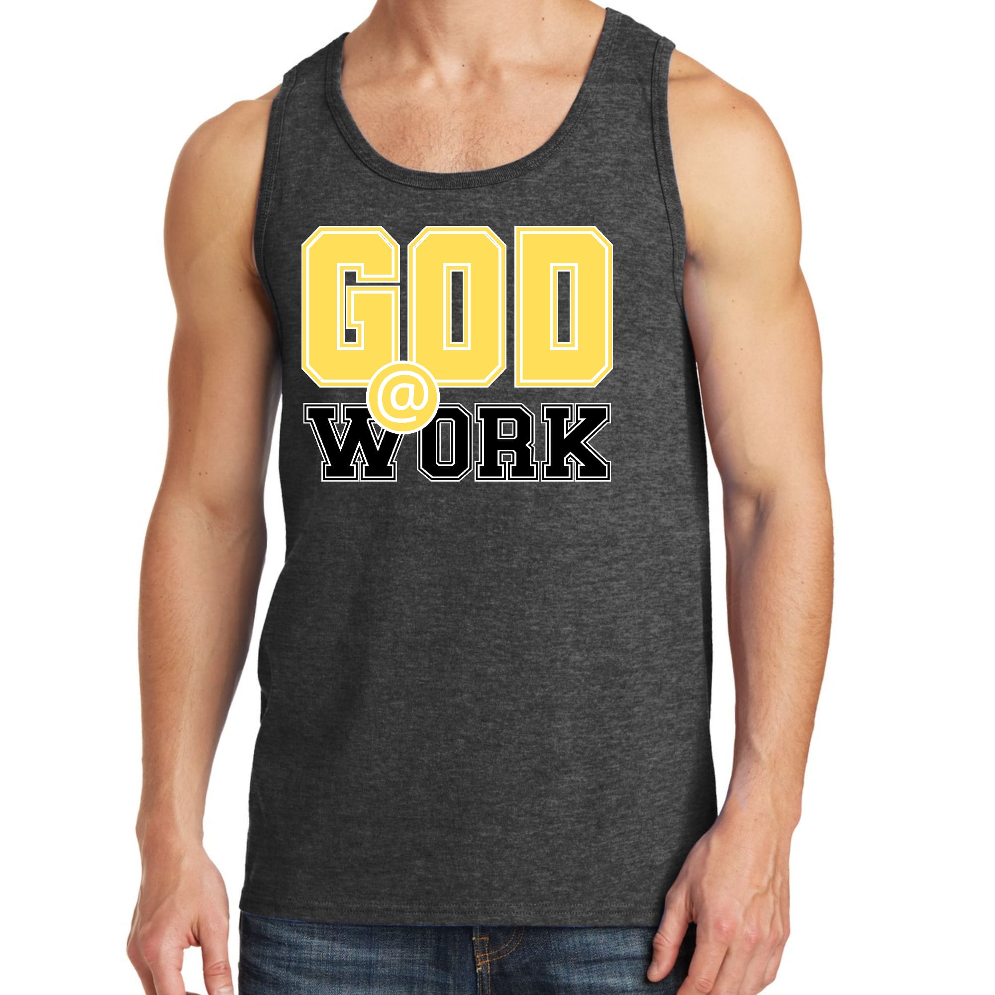 Mens Fitness Tank Top Graphic T-shirt God @ Work Yellow and Black