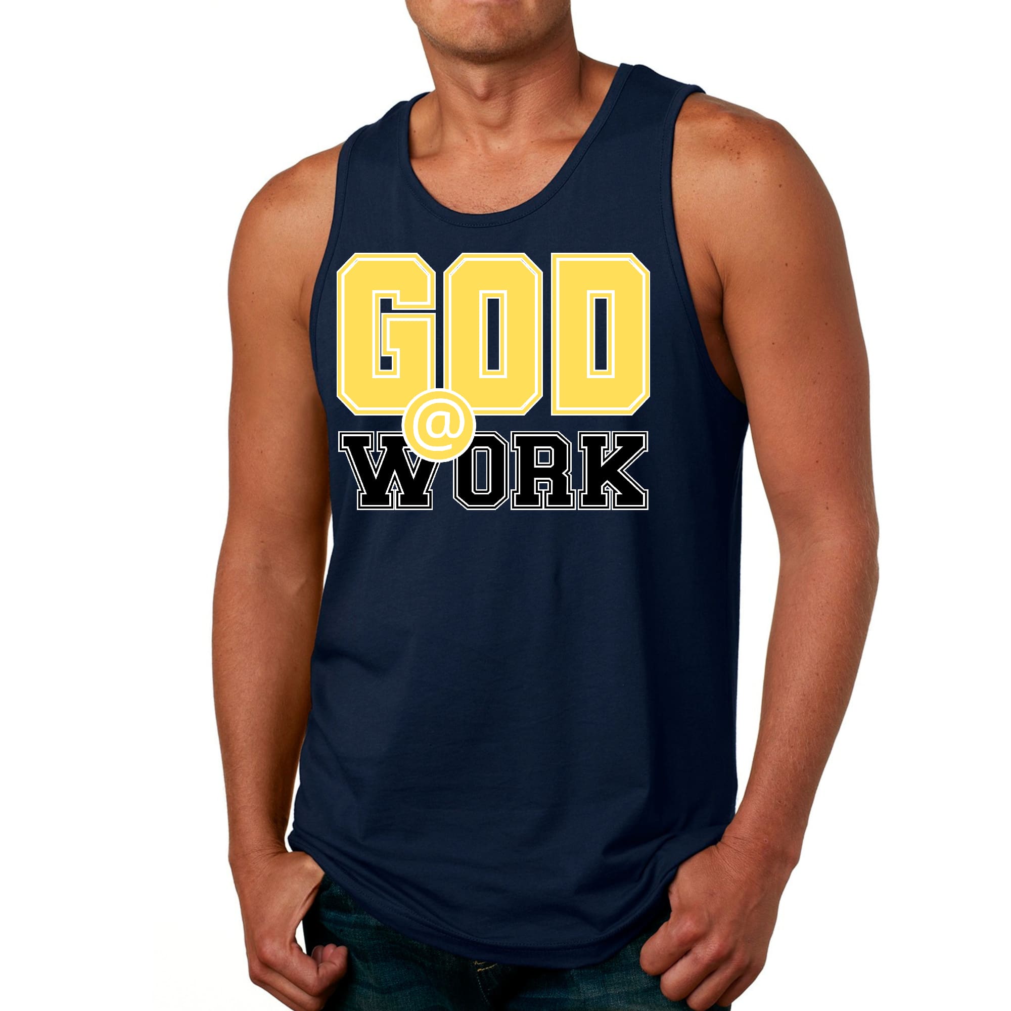 Mens Fitness Tank Top Graphic T-shirt God @ Work Yellow and Black
