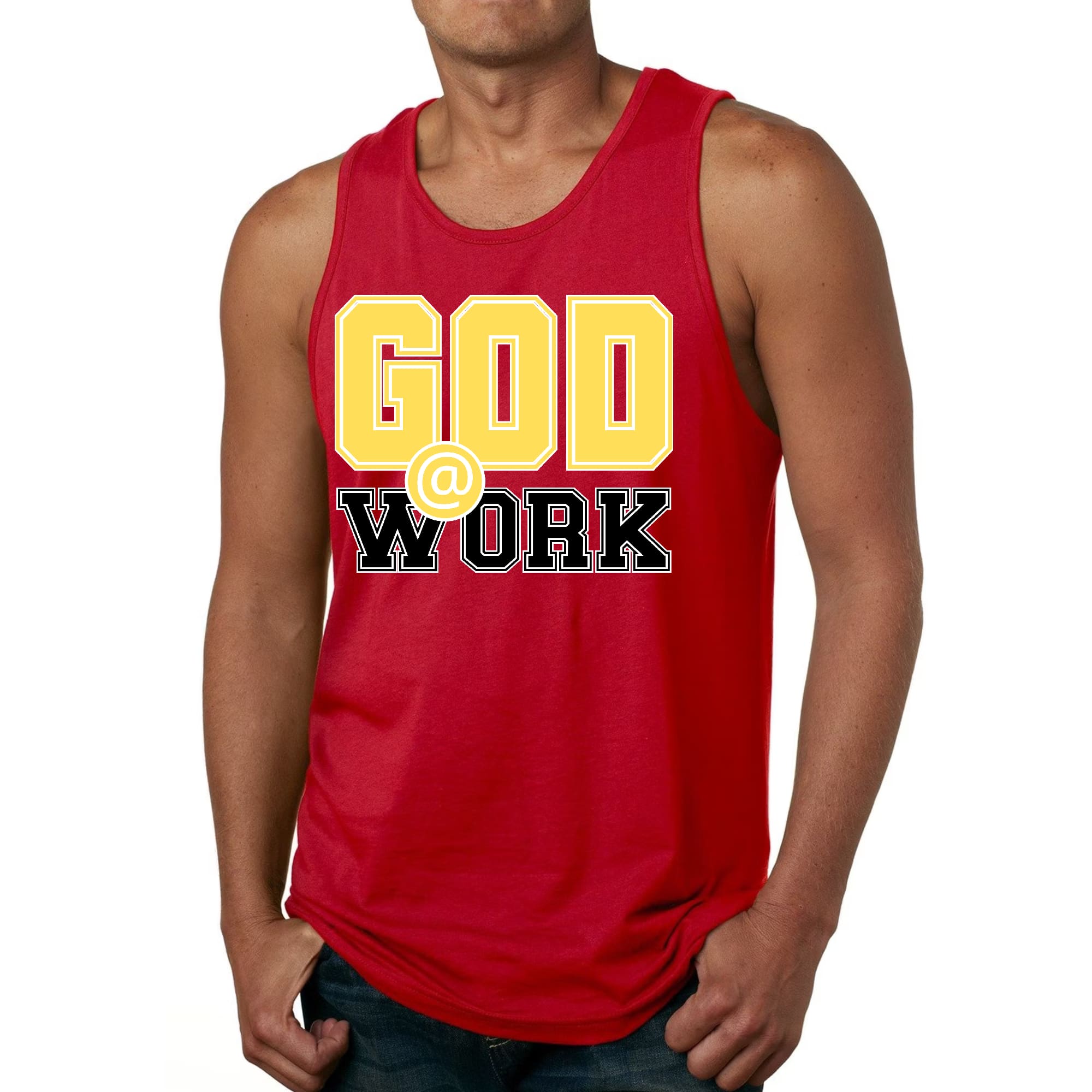 Mens Fitness Tank Top Graphic T-shirt God @ Work Yellow and Black