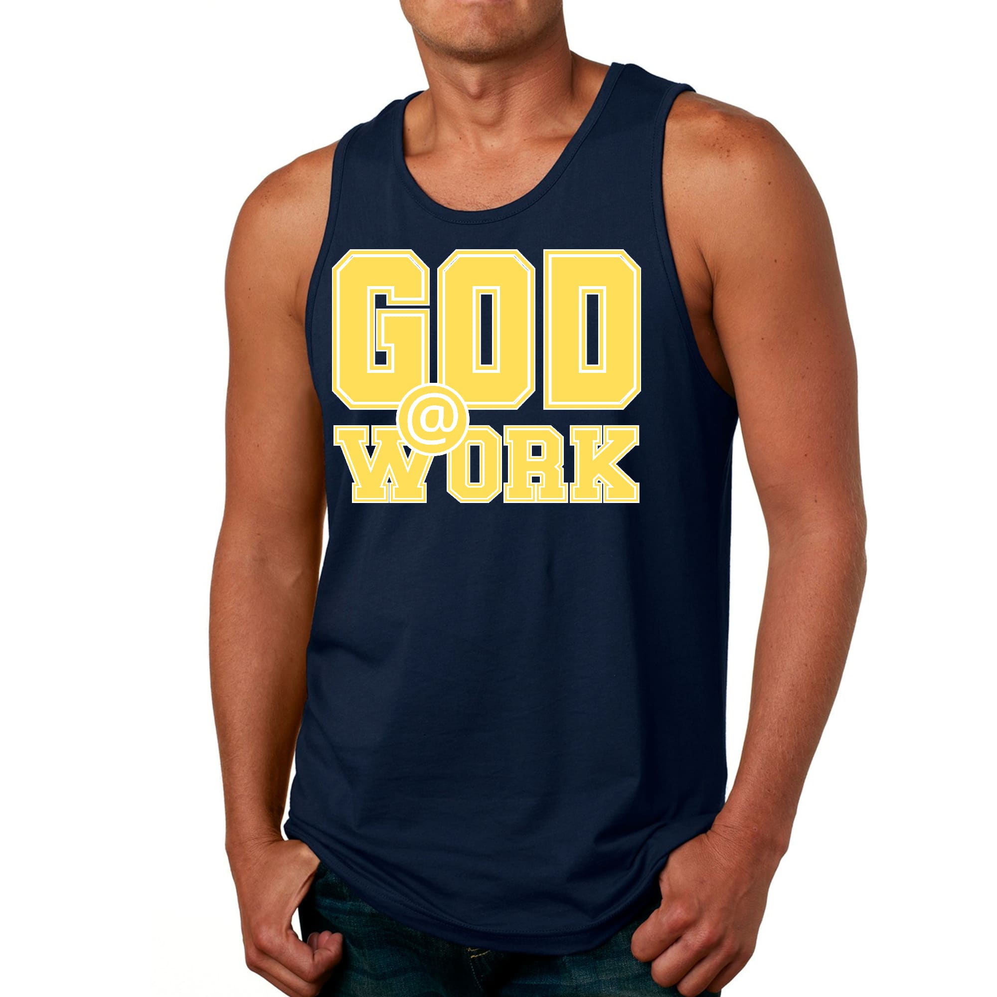Mens Fitness Tank Top Graphic T-shirt God @ Work Yellow and White