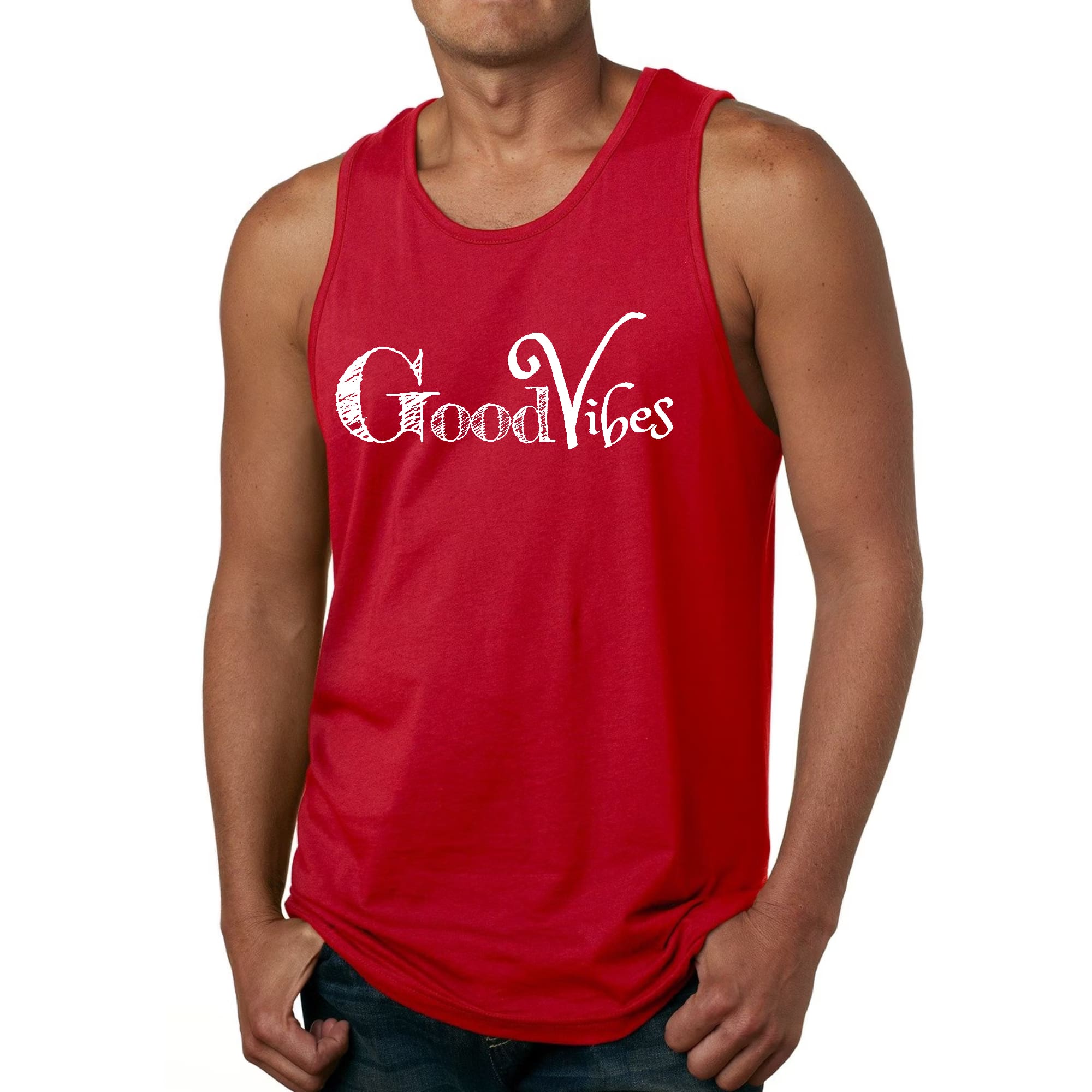 Mens Fitness Tank Top Graphic T-shirt Good Vibes White Print