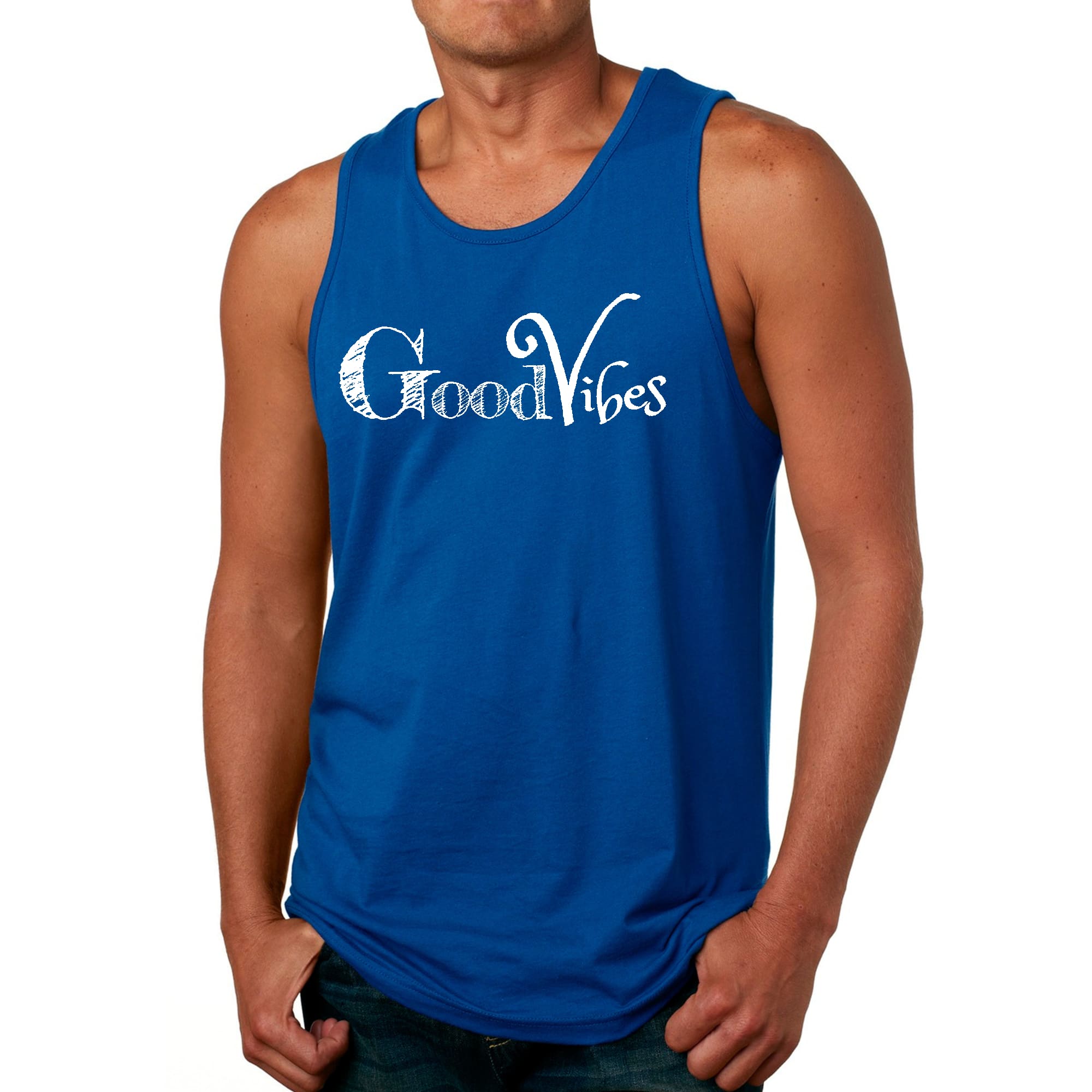 Mens Fitness Tank Top Graphic T-shirt Good Vibes White Print