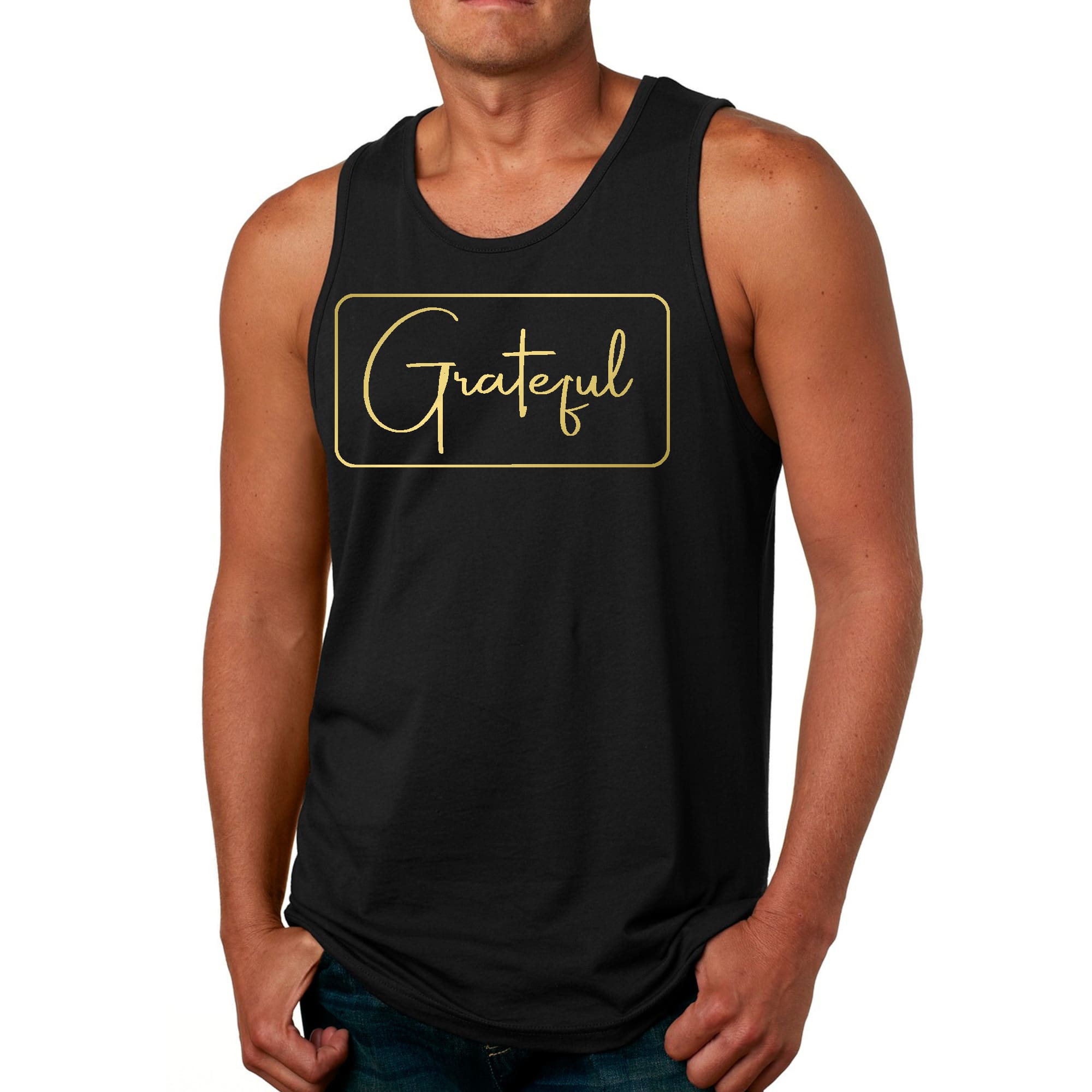 Mens Fitness Tank Top Graphic T-shirt Grateful - Metallic Gold