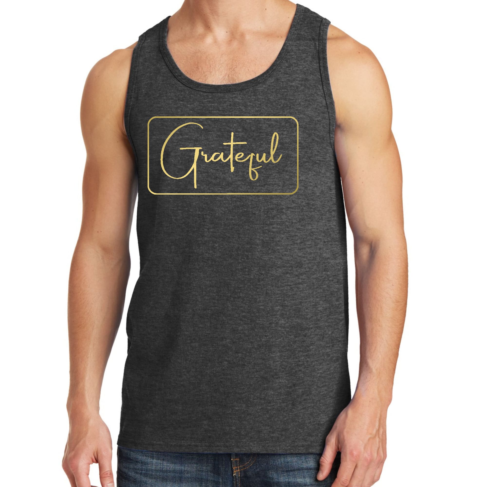 Mens Fitness Tank Top Graphic T-shirt Grateful - Metallic Gold