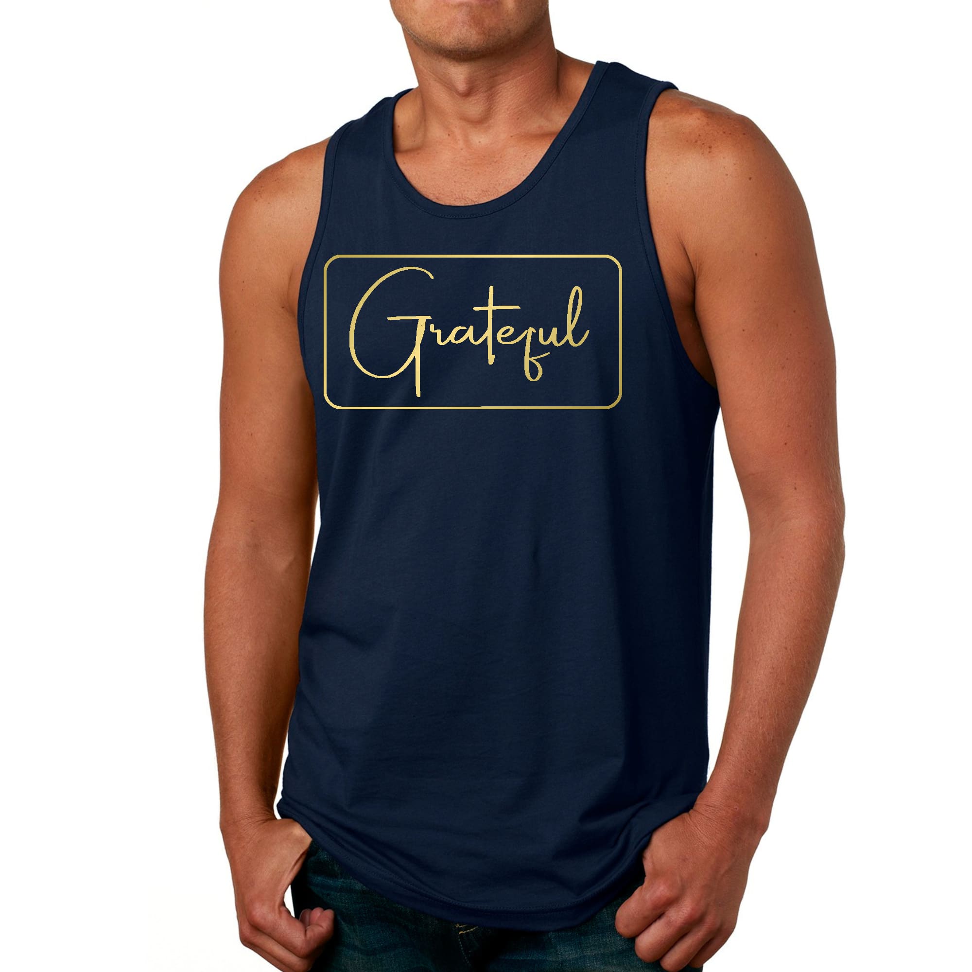 Mens Fitness Tank Top Graphic T-shirt Grateful - Metallic Gold