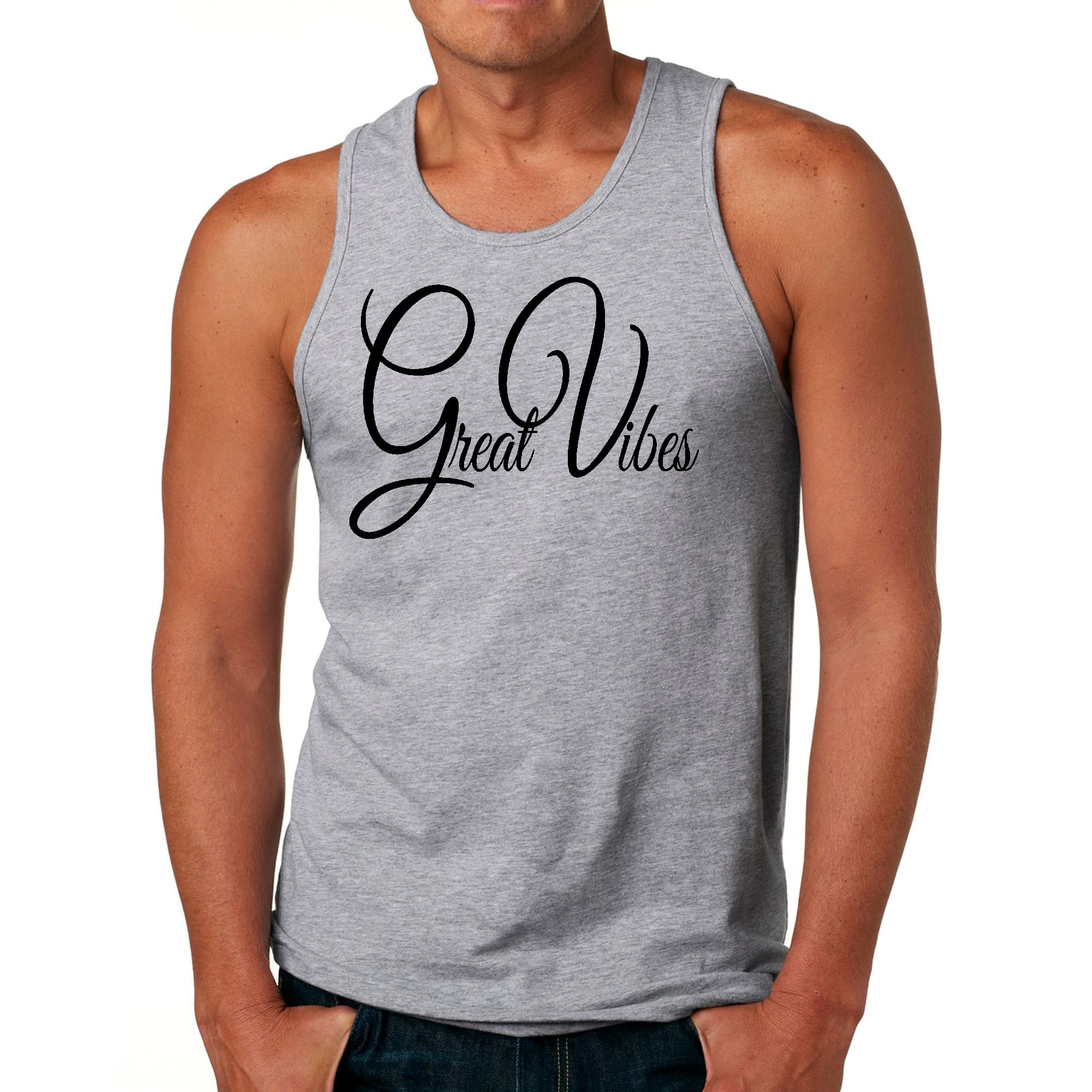 Mens Fitness Tank Top Graphic T-shirt Great Vibes Black Illustration