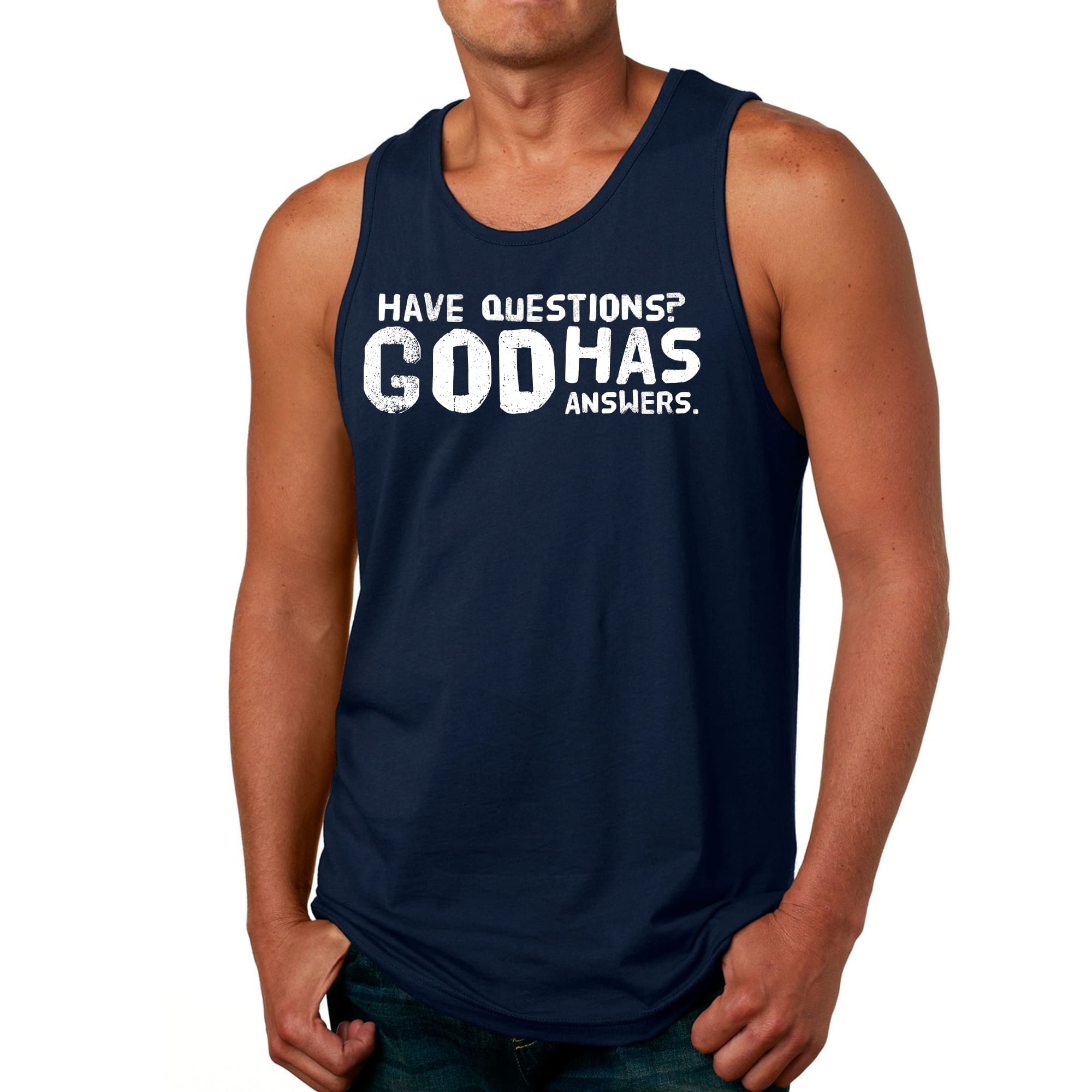 Mens Fitness Tank Top Graphic T-shirt have Questions God has Answers