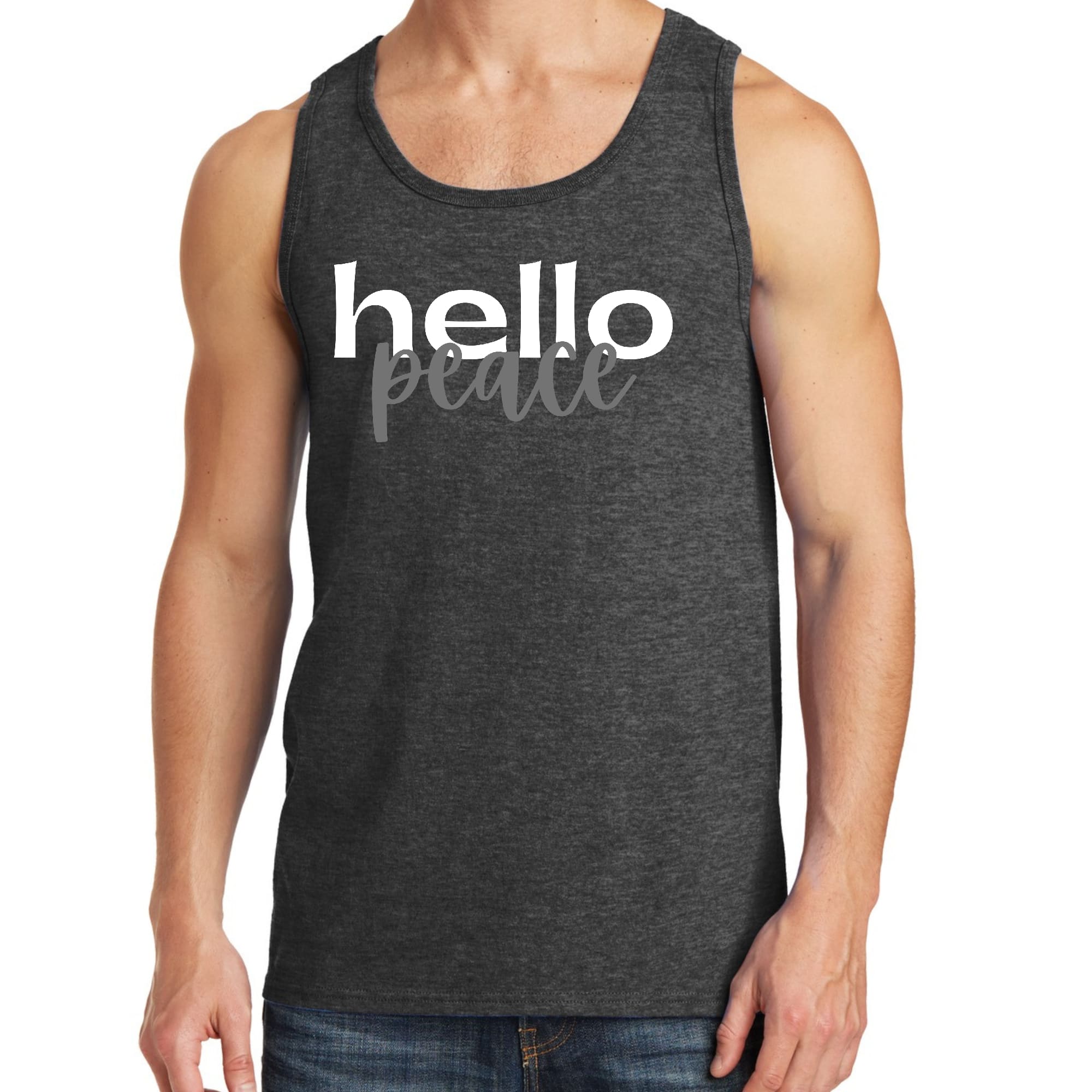 Mens Fitness Tank Top Graphic T-shirt Hello Peace White and Gray