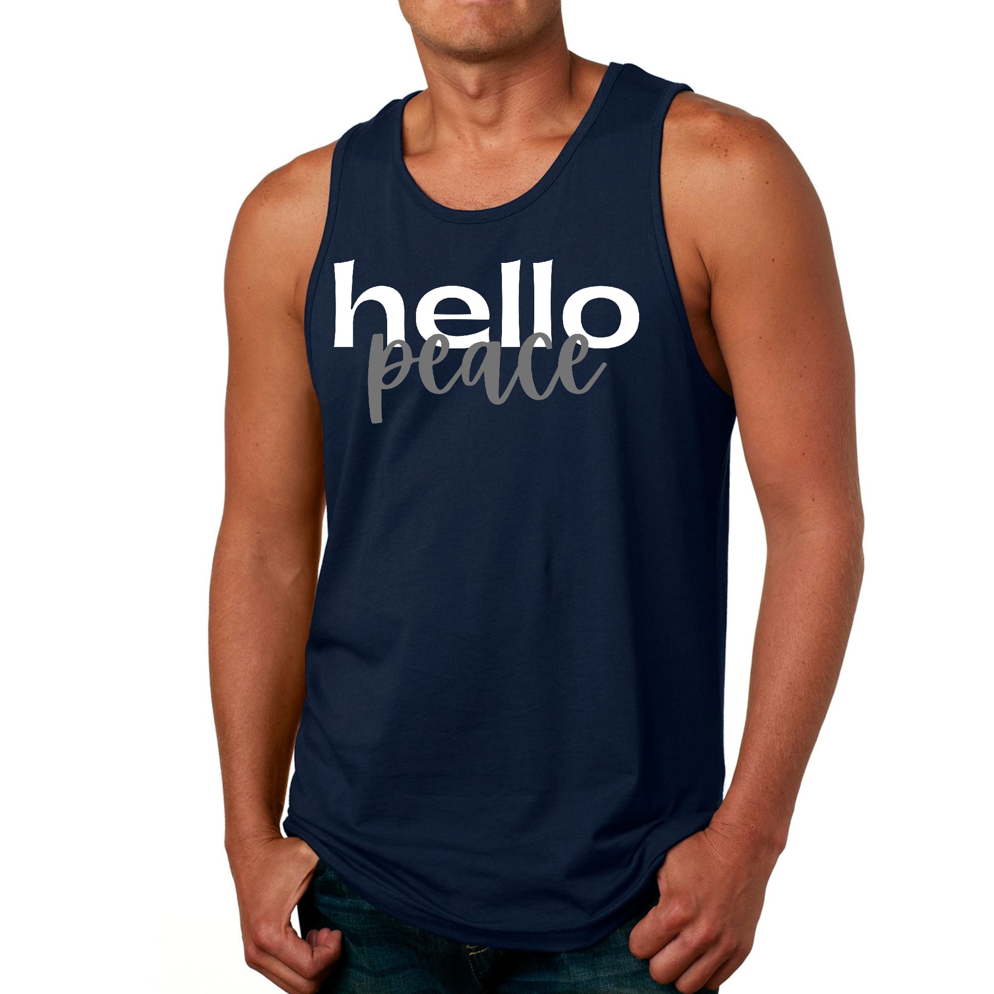 Mens Fitness Tank Top Graphic T-shirt Hello Peace White and Gray