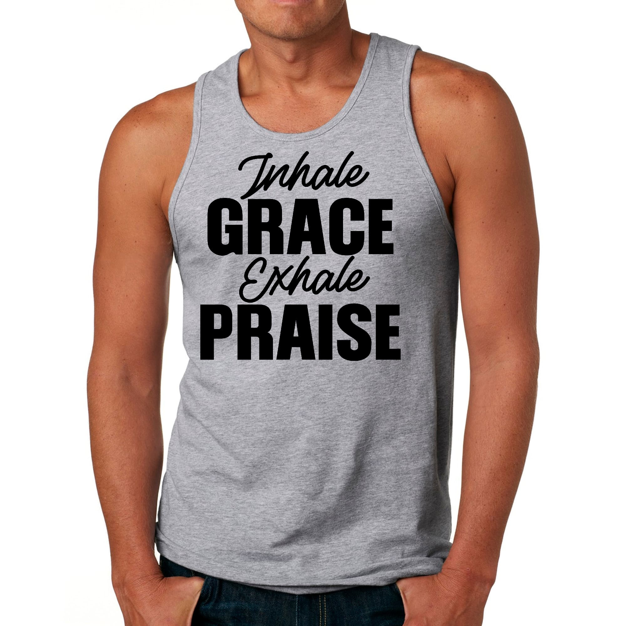 Mens Fitness Tank Top Graphic T-shirt Inhale Grace Exhale Praise