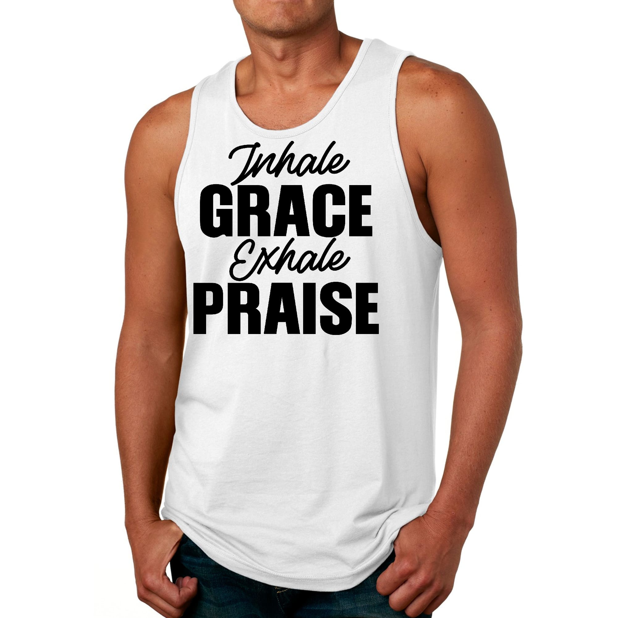Mens Fitness Tank Top Graphic T-shirt Inhale Grace Exhale Praise