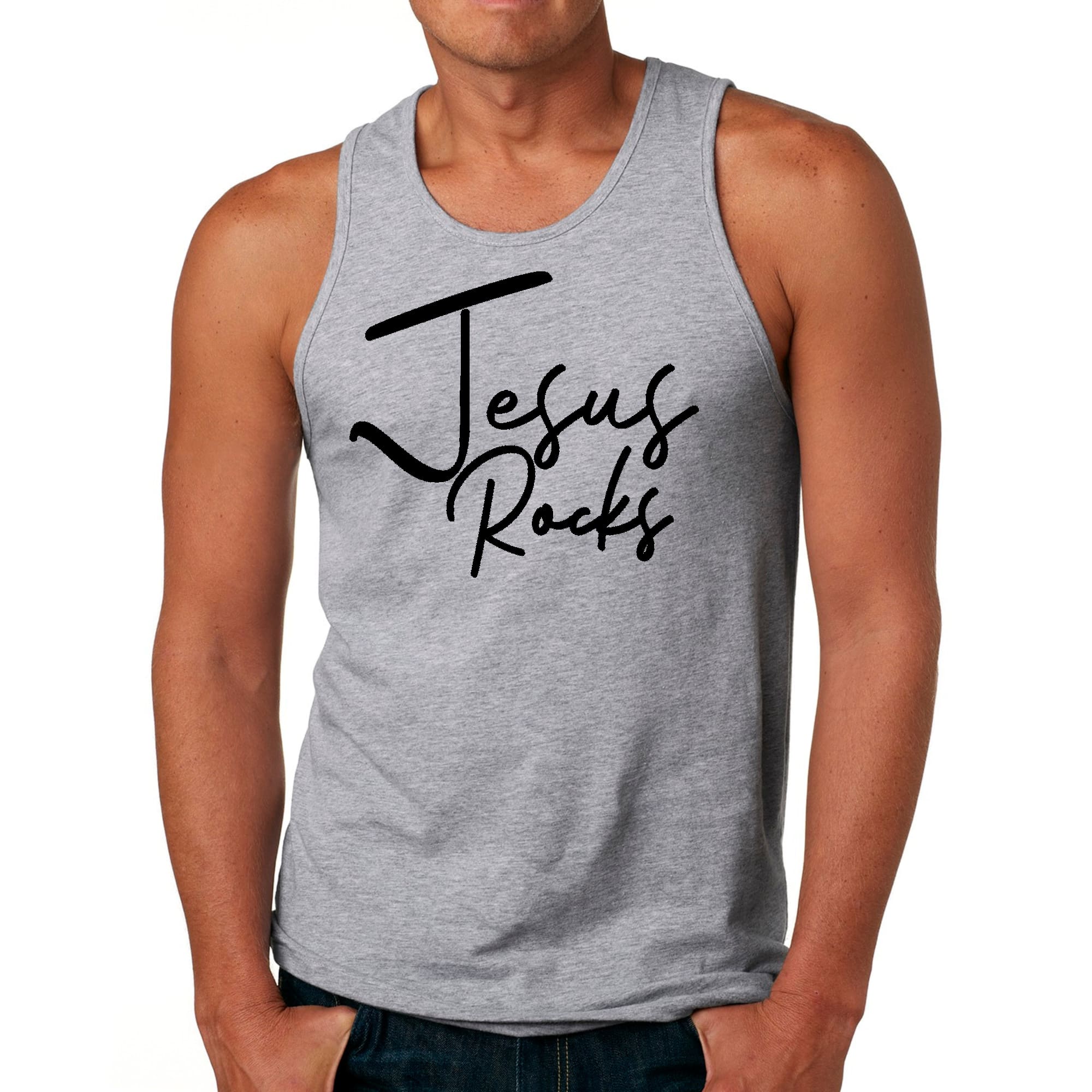 Mens Fitness Tank Top Graphic T-shirt Jesus Rocks Print