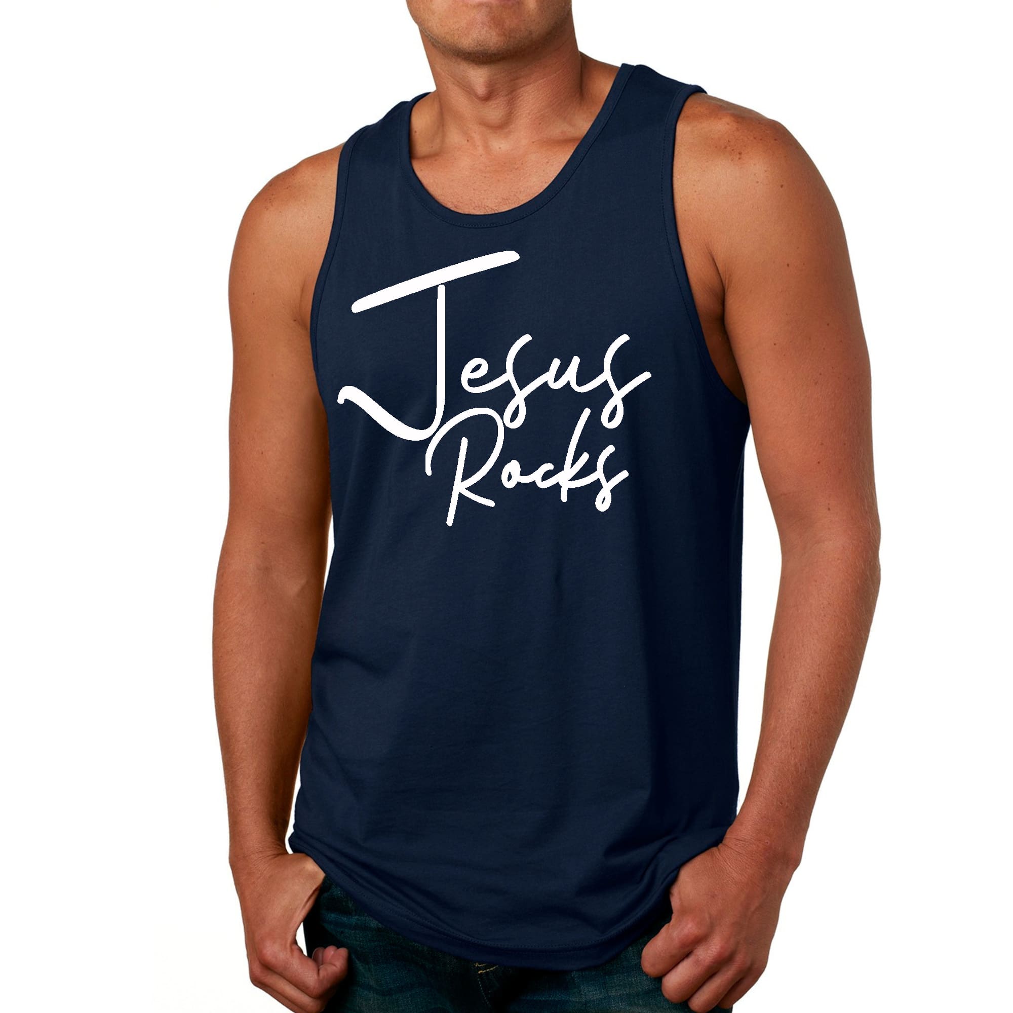 Mens Fitness Tank Top Graphic T-shirt Jesus Rocks Print