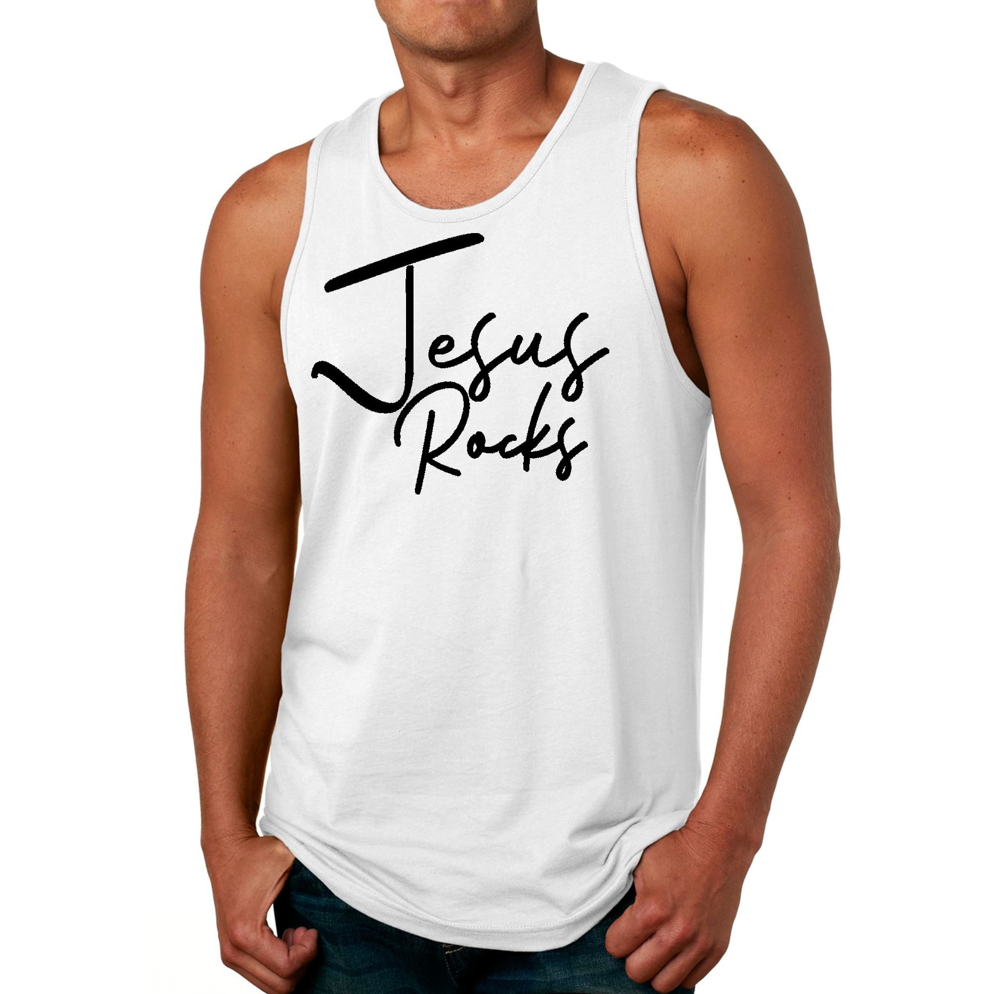 Mens Fitness Tank Top Graphic T-shirt Jesus Rocks Print