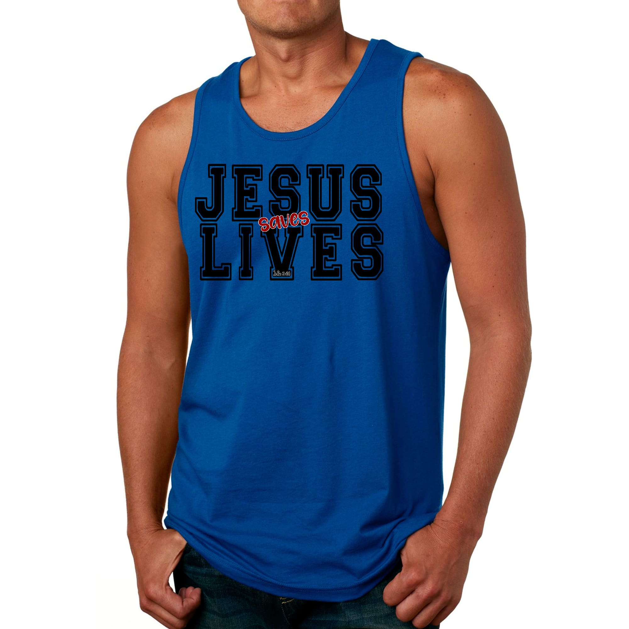 Mens Fitness Tank Top Graphic T-shirt Jesus Saves Lives Black Red