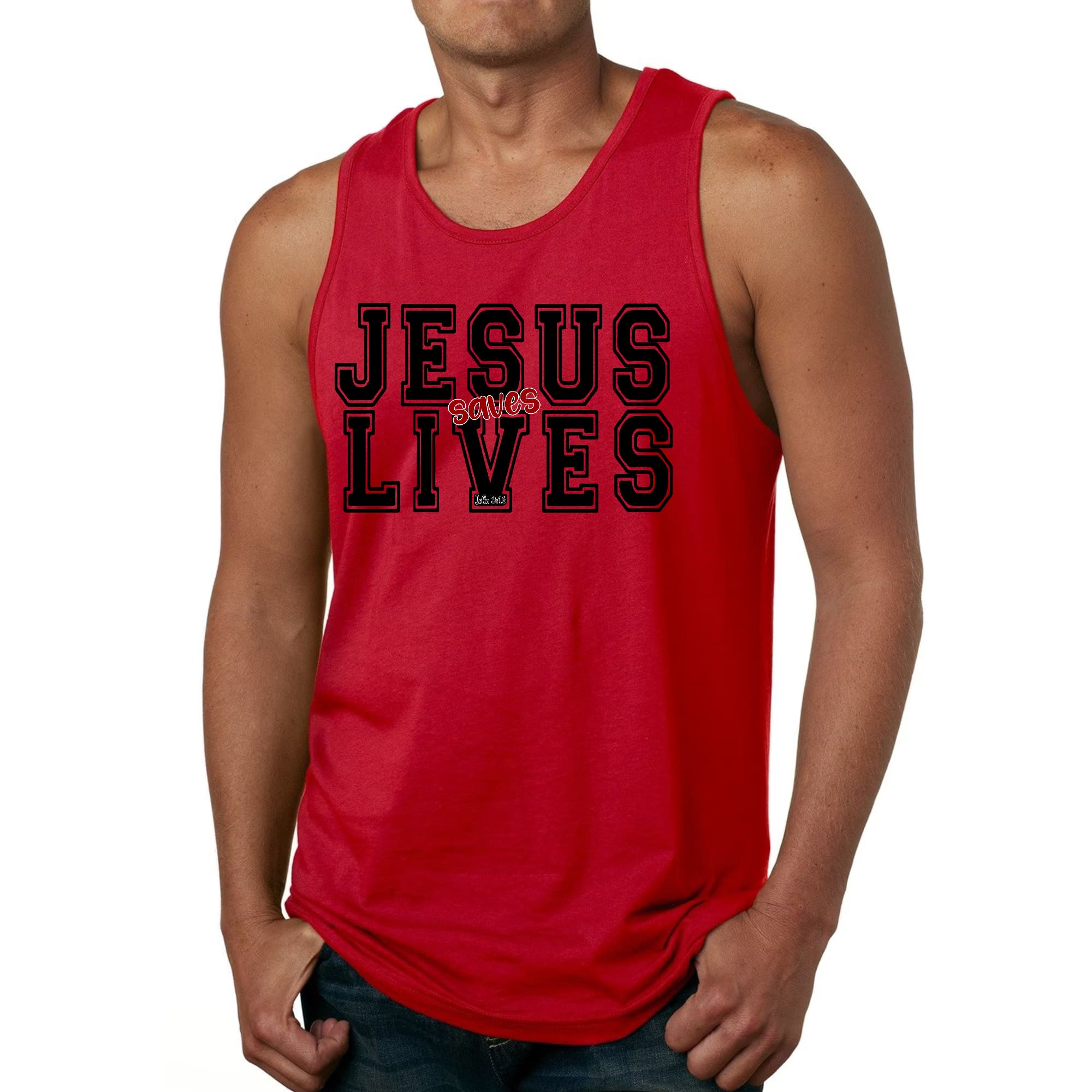 Mens Fitness Tank Top Graphic T-shirt Jesus Saves Lives Black Red