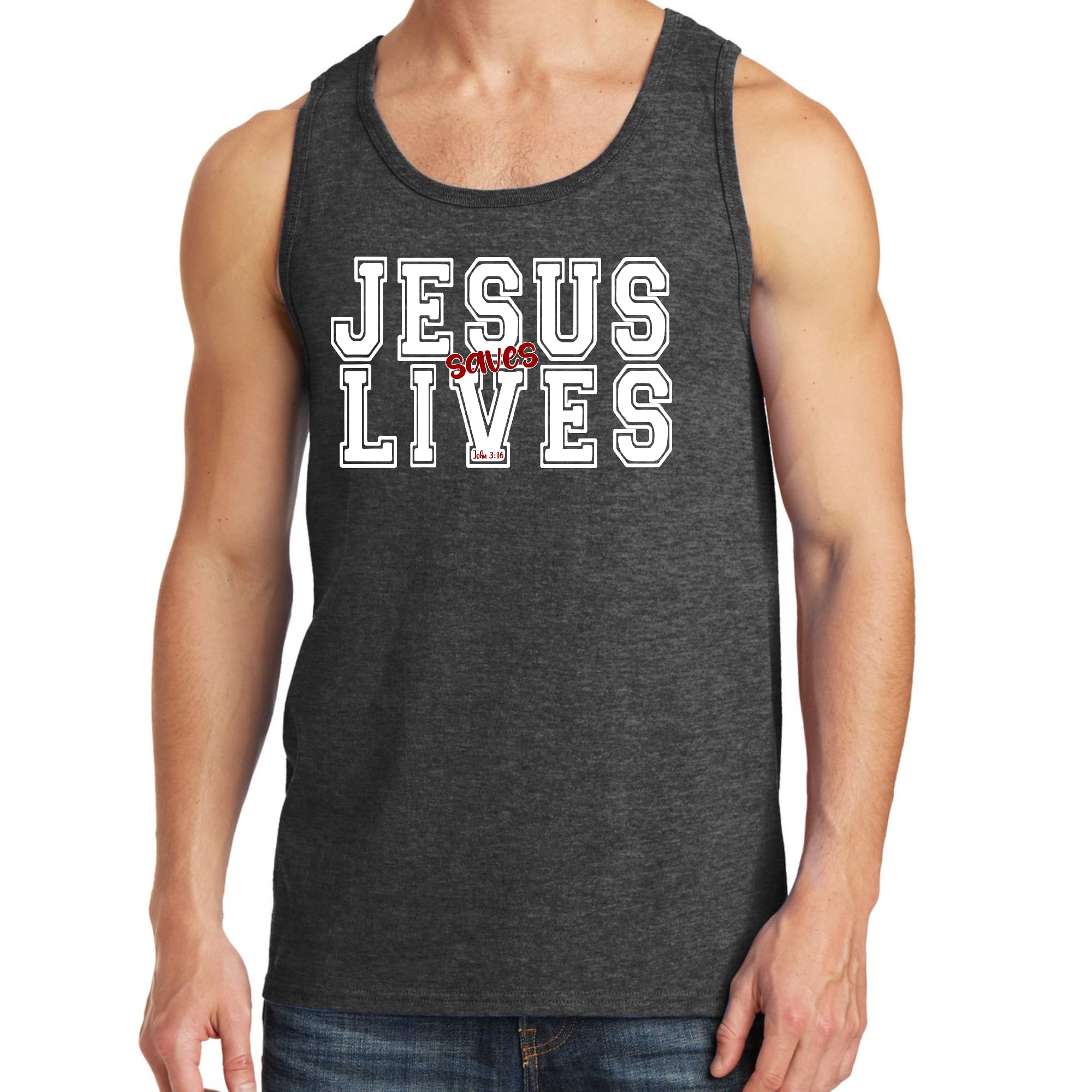 Mens Fitness Tank Top Graphic T-shirt Jesus Saves Lives White Red