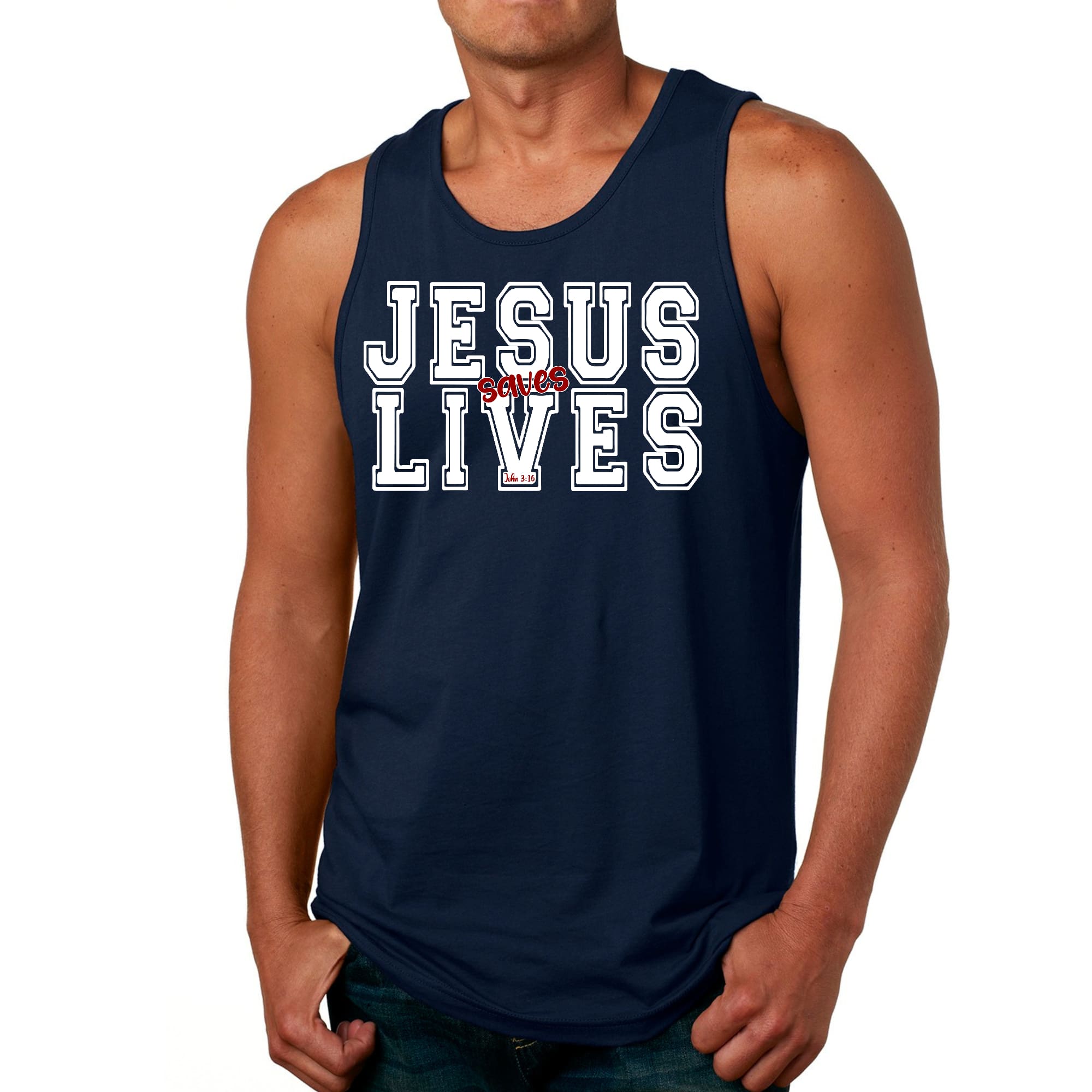 Mens Fitness Tank Top Graphic T-shirt Jesus Saves Lives White Red