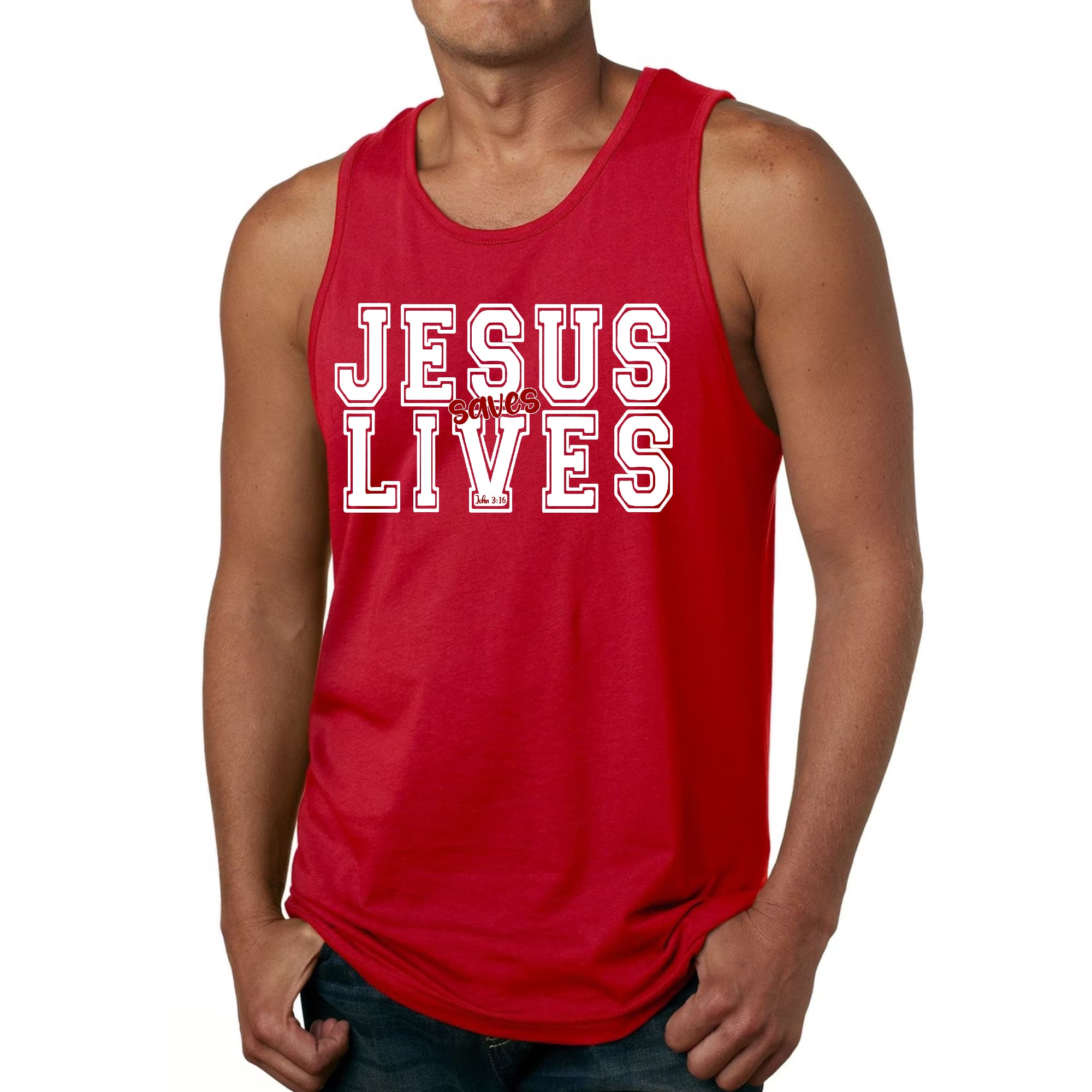 Mens Fitness Tank Top Graphic T-shirt Jesus Saves Lives White Red