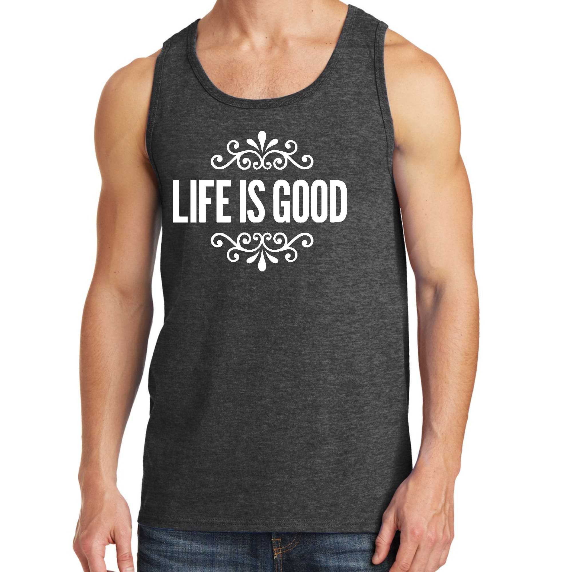 Mens Fitness Tank Top Graphic T-shirt Life is Good Word Art