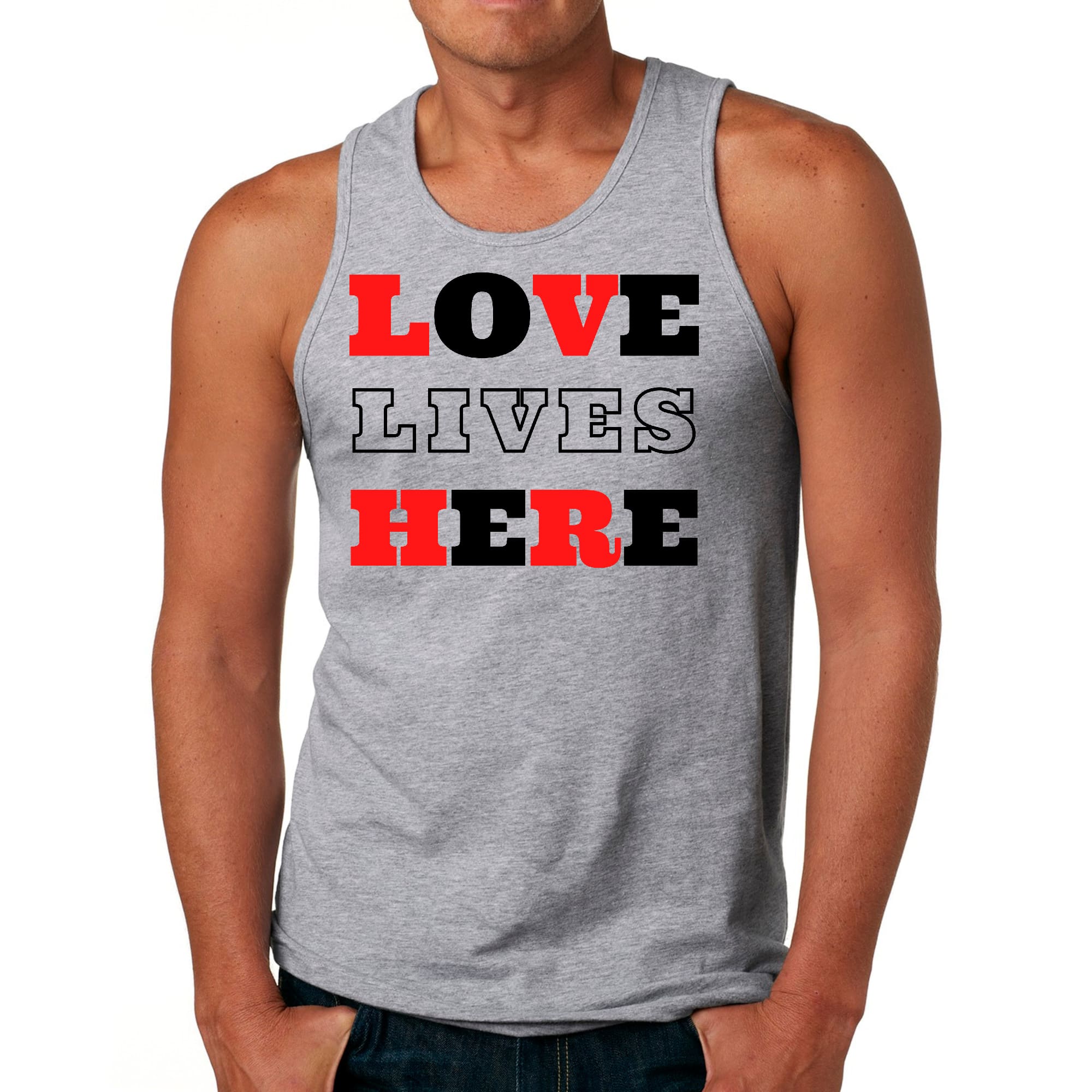 Mens Fitness Tank Top Graphic T-shirt Love Lives Here Christian Red