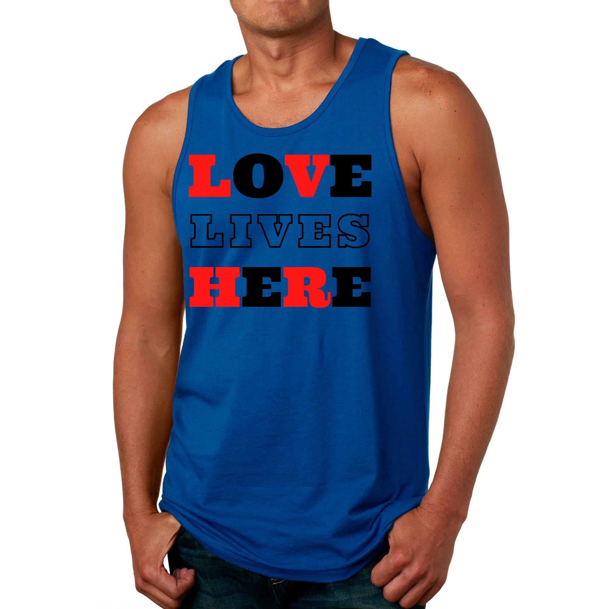 Mens Fitness Tank Top Graphic T-shirt Love Lives Here Christian Red