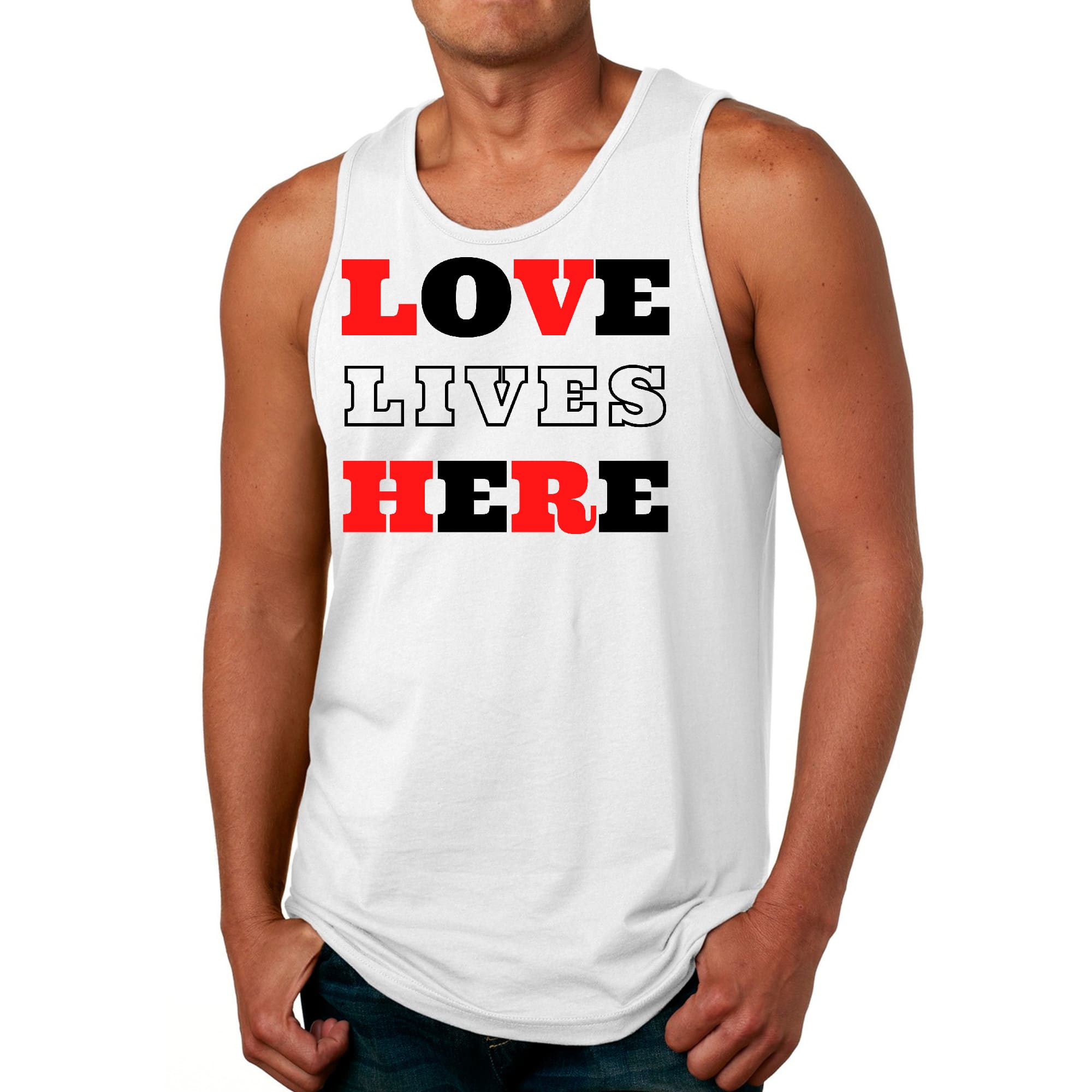 Mens Fitness Tank Top Graphic T-shirt Love Lives Here Christian Red