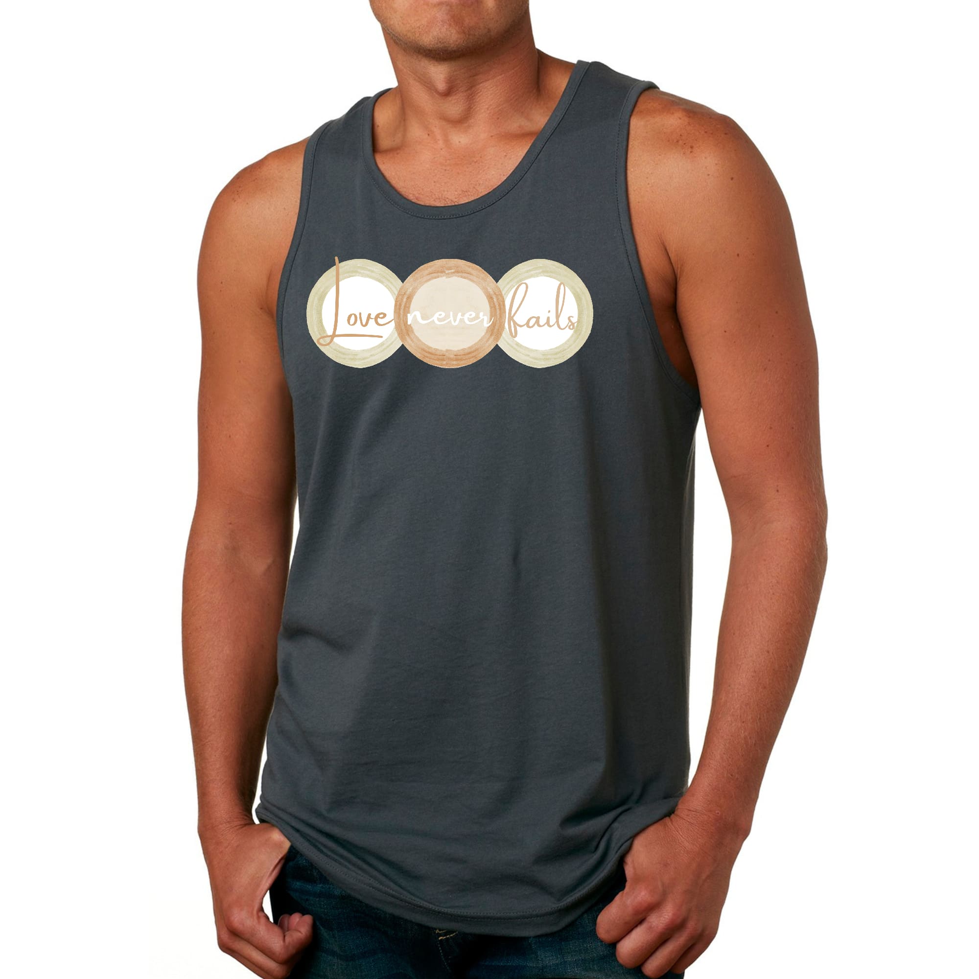 Mens Fitness Tank Top Graphic T-shirt Love Never Fails - Pastel Brown