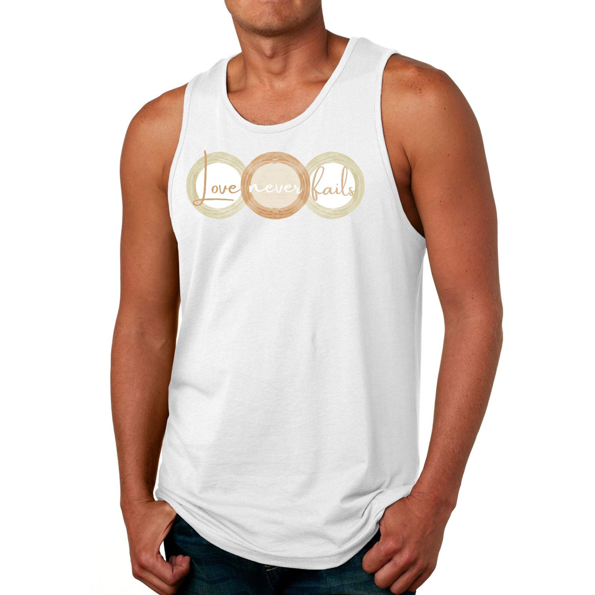 Mens Fitness Tank Top Graphic T-shirt Love Never Fails - Pastel Brown