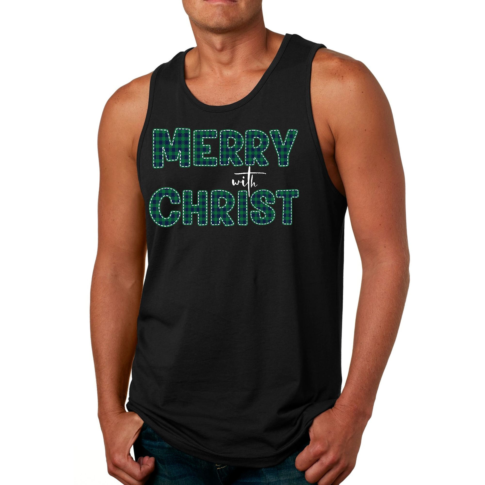 Mens Fitness Tank Top Graphic T-shirt Merry with Christ - Green Plaid