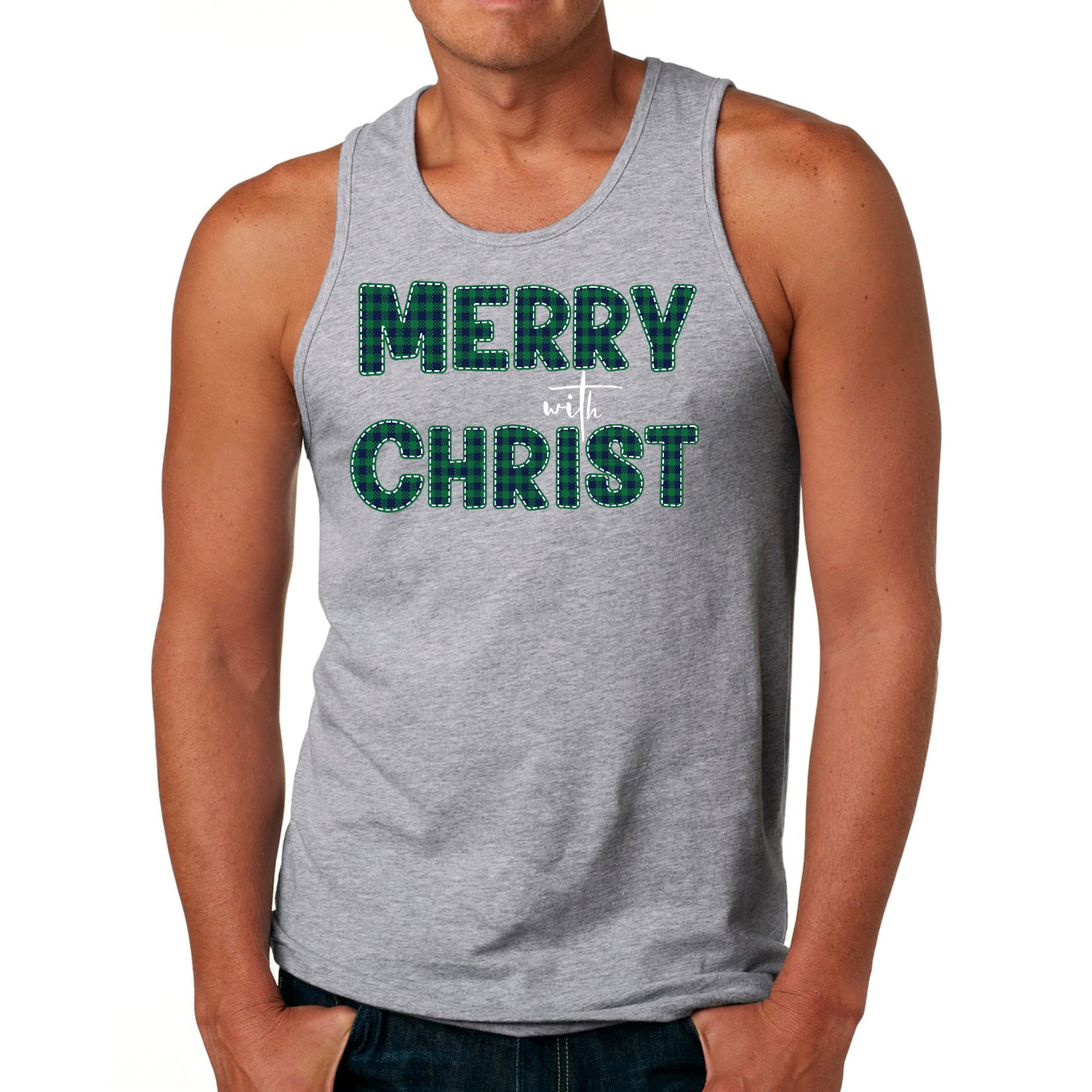 Mens Fitness Tank Top Graphic T-shirt Merry with Christ - Green Plaid