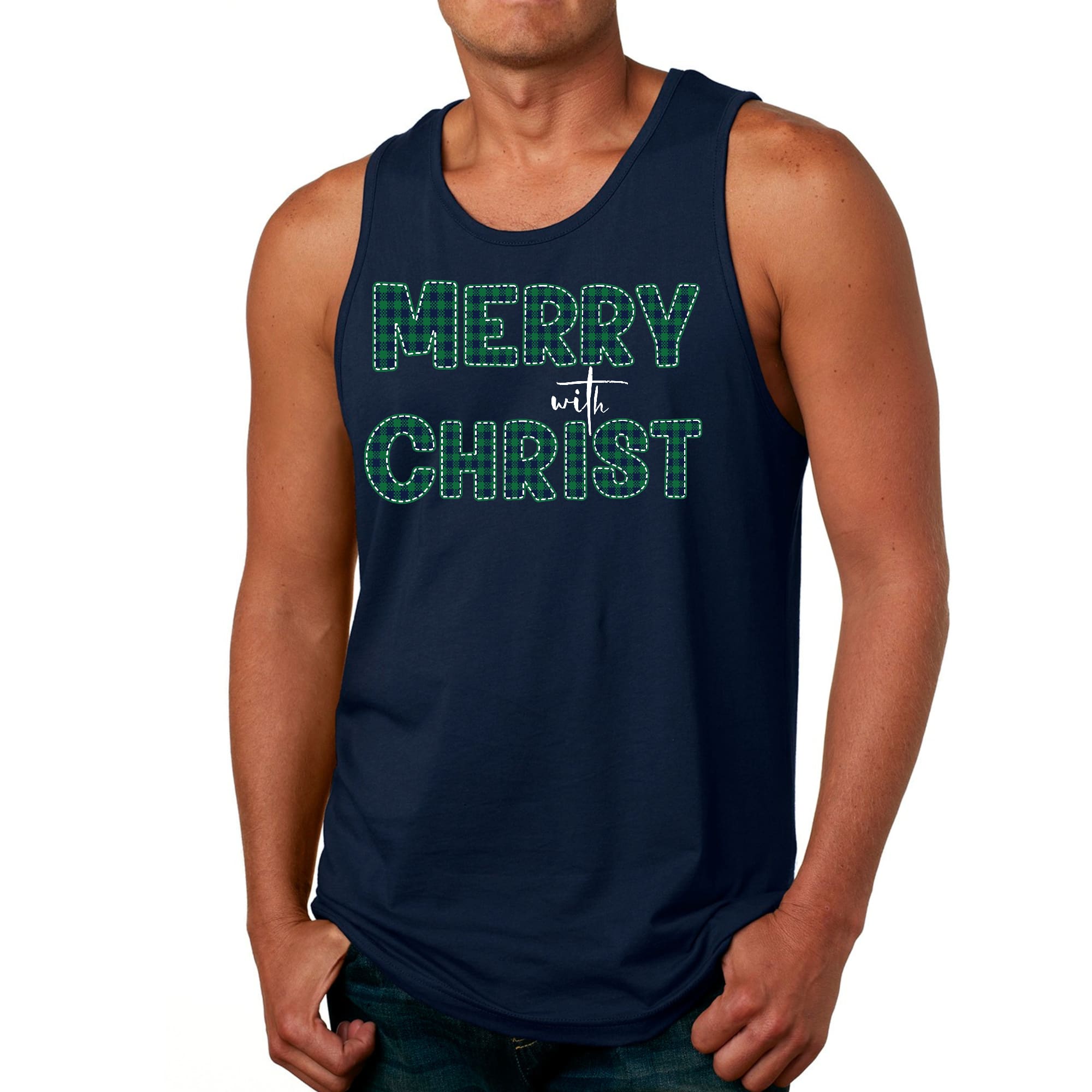 Mens Fitness Tank Top Graphic T-shirt Merry with Christ - Green Plaid