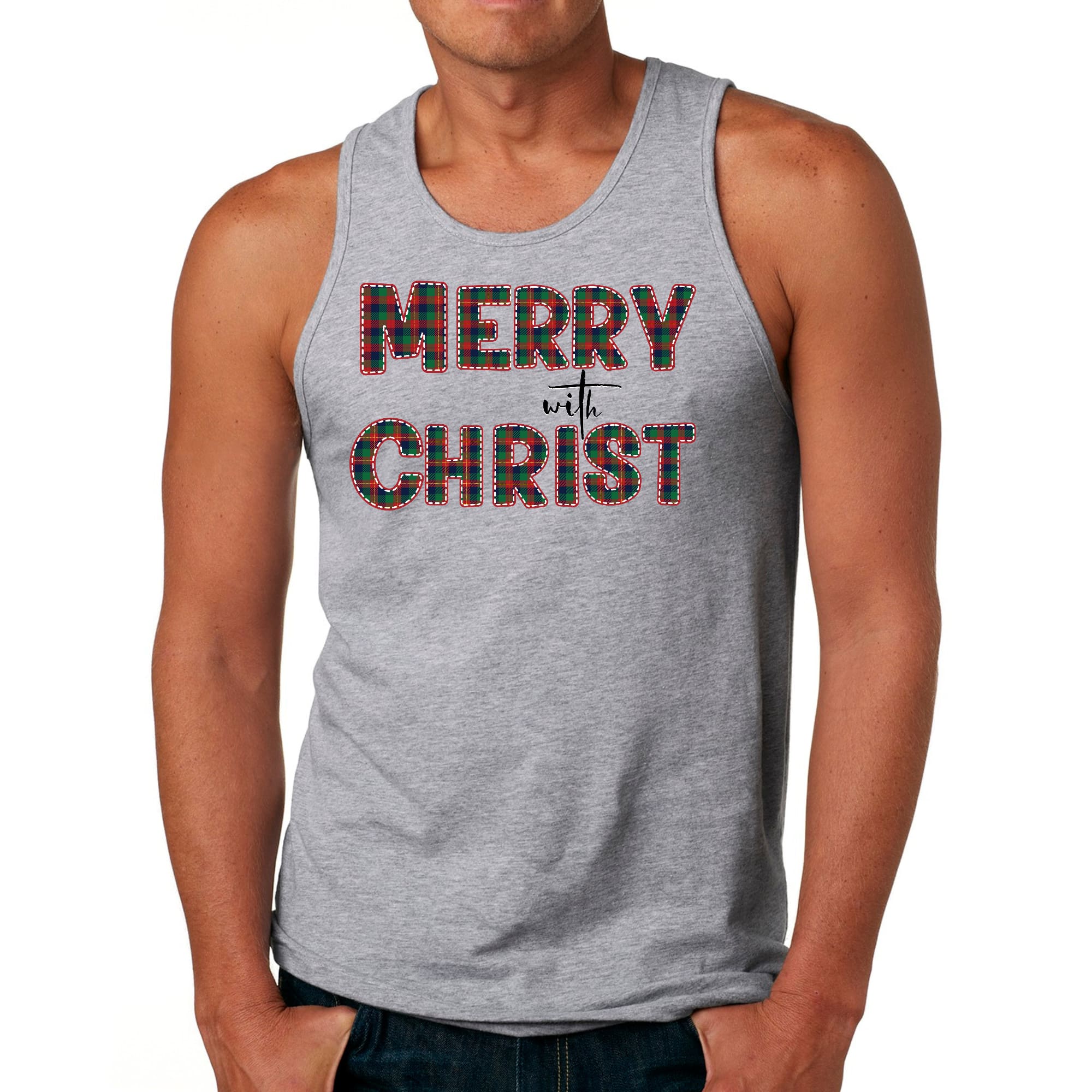 Mens Fitness Tank Top Graphic T-shirt Merry with Christ - Red