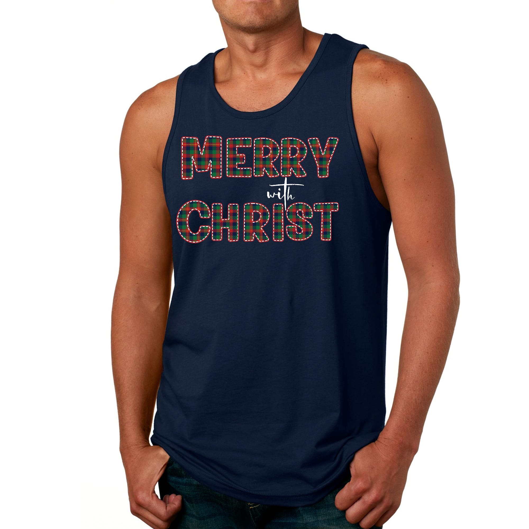 Mens Fitness Tank Top Graphic T-shirt Merry with Christ - Red