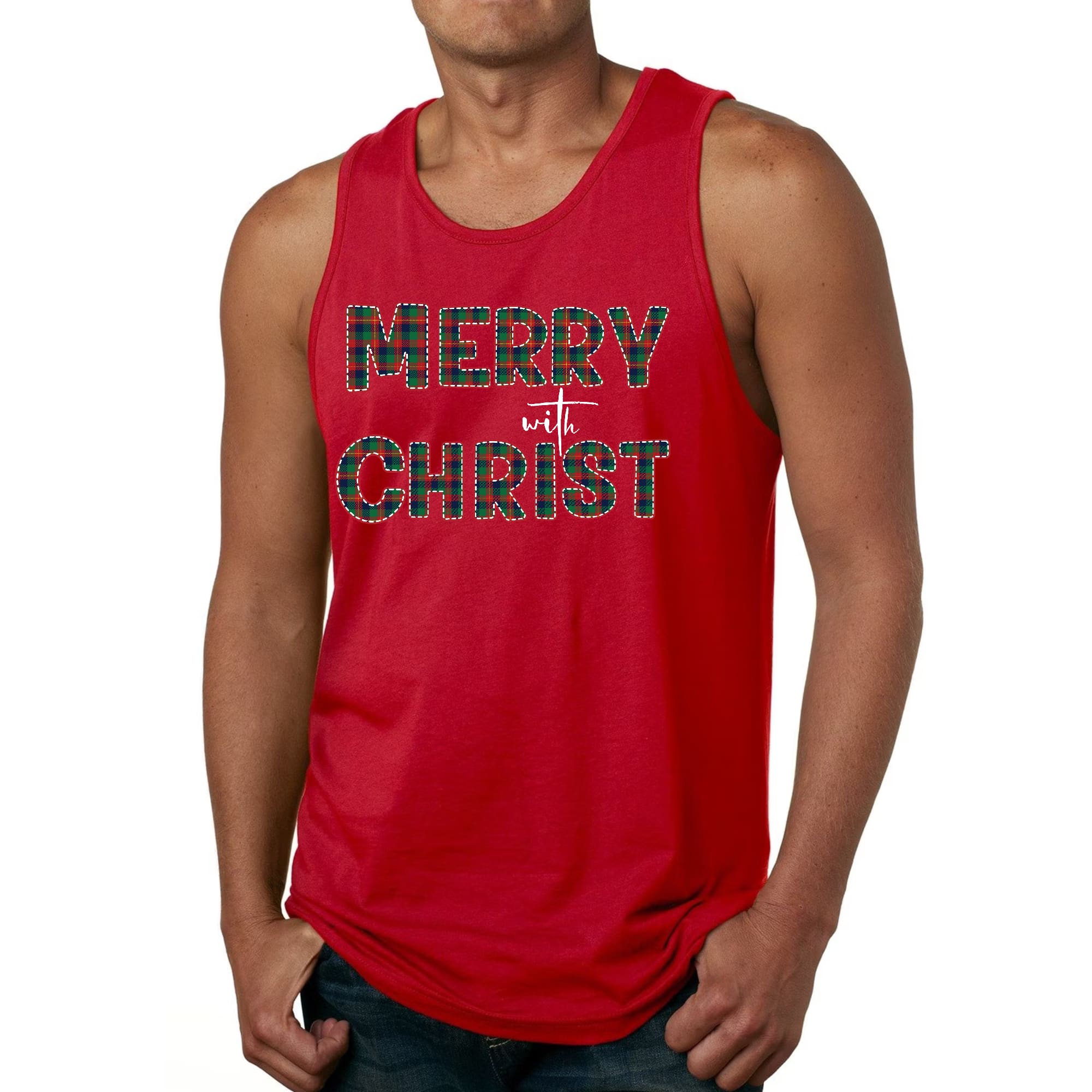 Mens Fitness Tank Top Graphic T-shirt Merry with Christ - Red