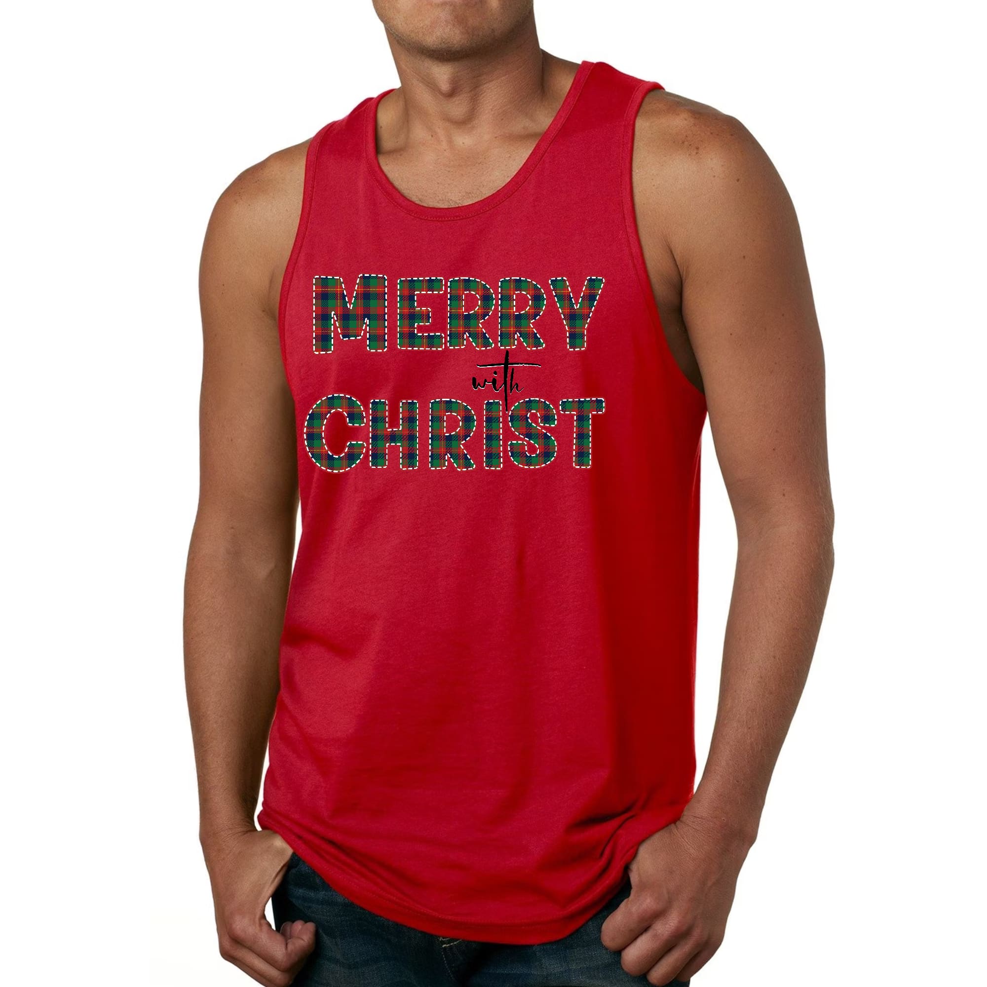 Mens Fitness Tank Top Graphic T-shirt Merry with Christ - Red