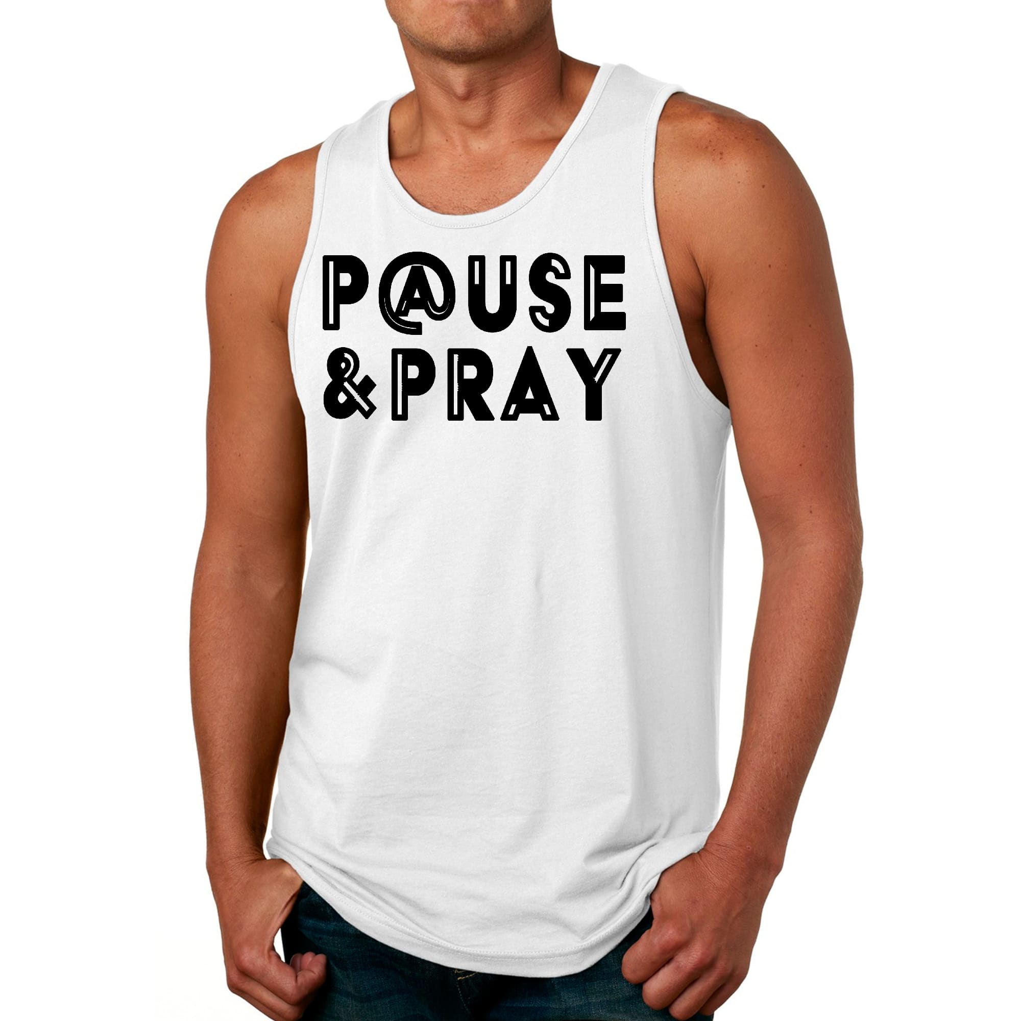 Mens Fitness Tank Top Graphic T-shirt Pause and Pray Black