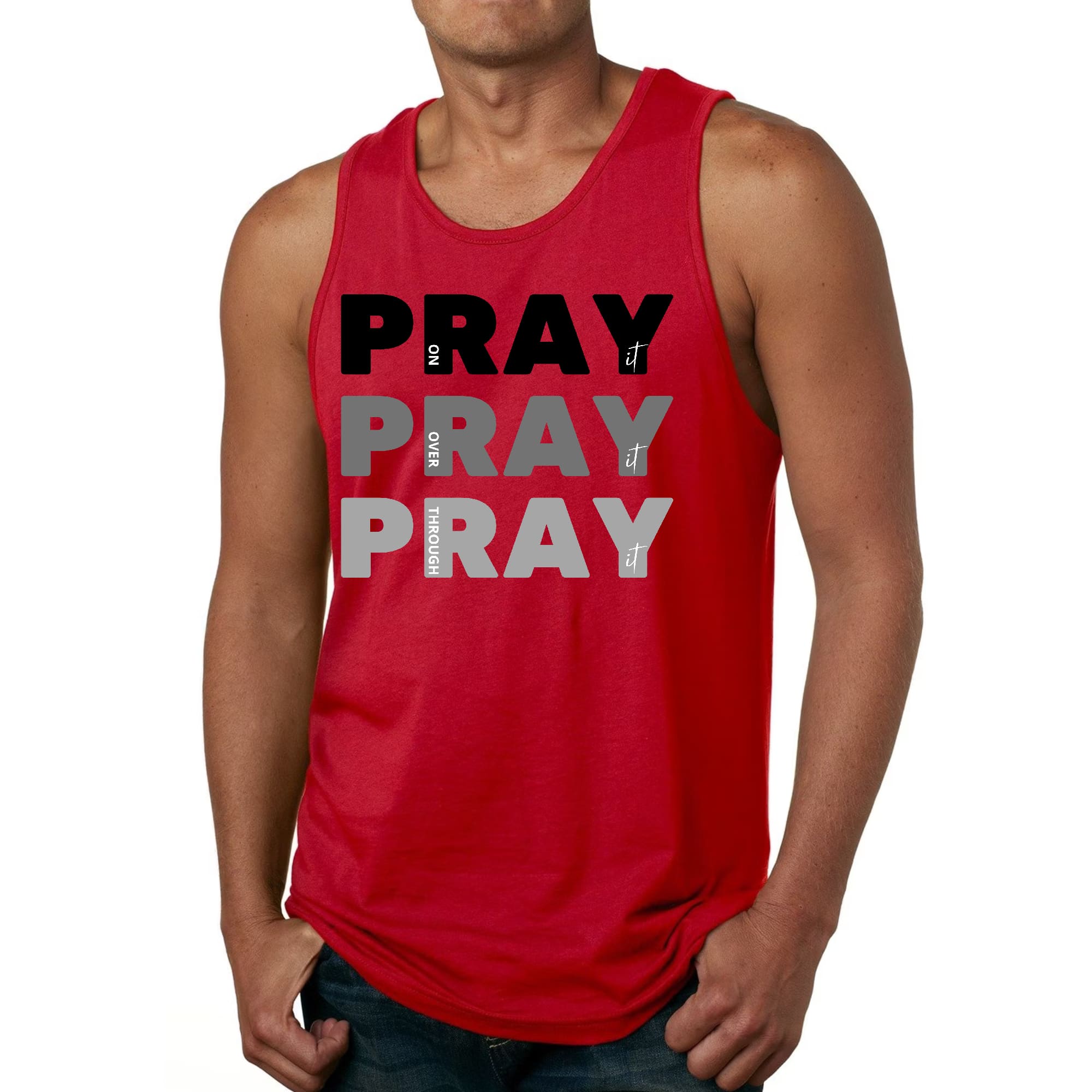 Mens Fitness Tank Top Graphic T-shirt Pray on it Over it Through
